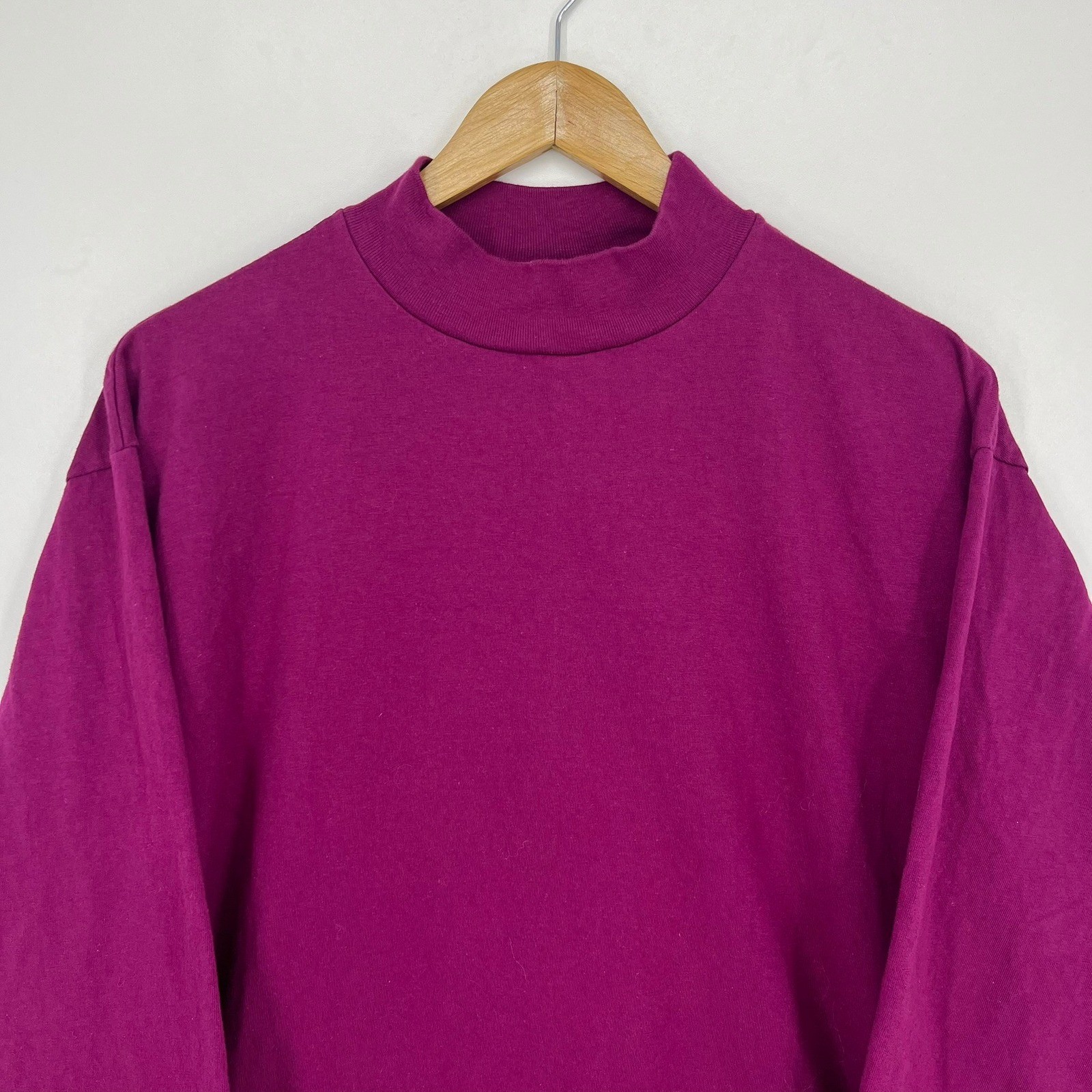 Vintage Hanes Activewear Mens Large Magenta Purple Mock Neck Cotton Shirt USA
