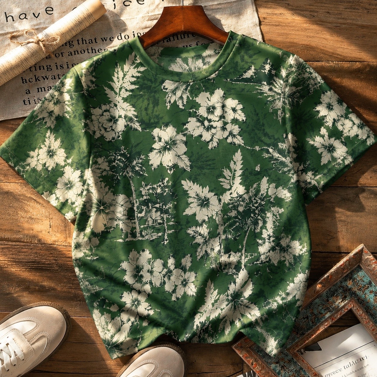 Vintage Tropical Palm Hibiscus Full Print Unisex Summer Hawaiian Tee