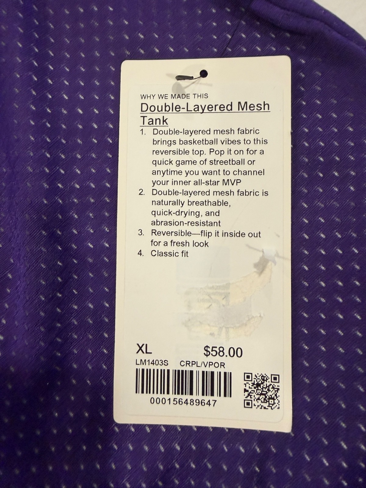 Lululemon Double Layered Mesh Reversible Tank Purple/White Men’s XL