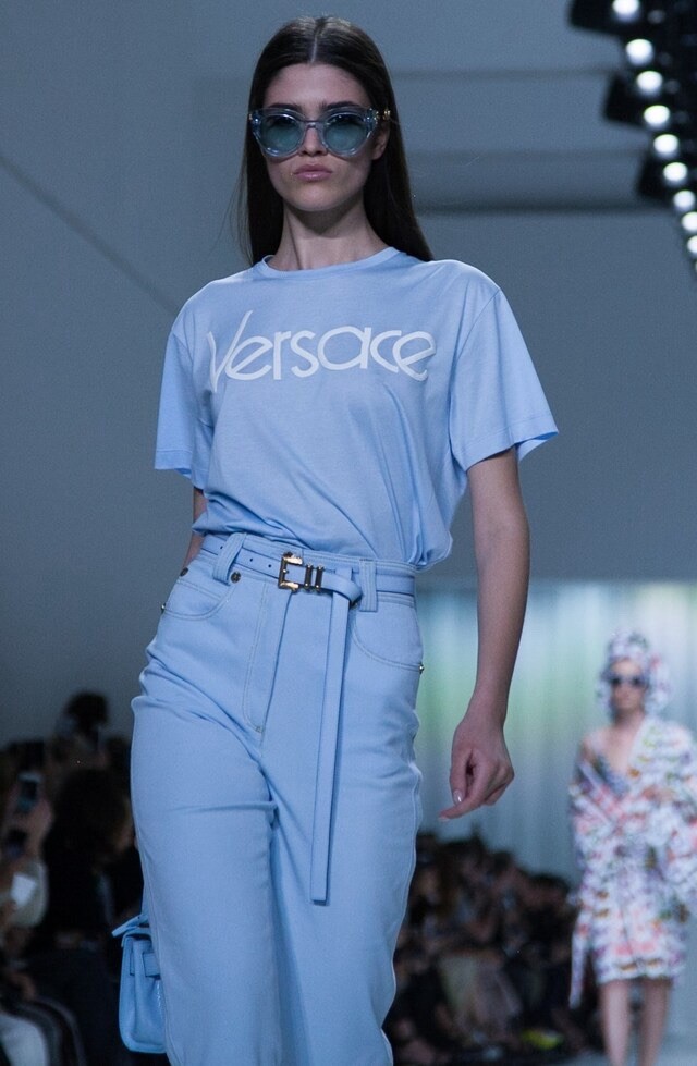VERSACE NWT 90’s Tribute Runway Blue Logo Tee Shirt Medium Collectible Designer