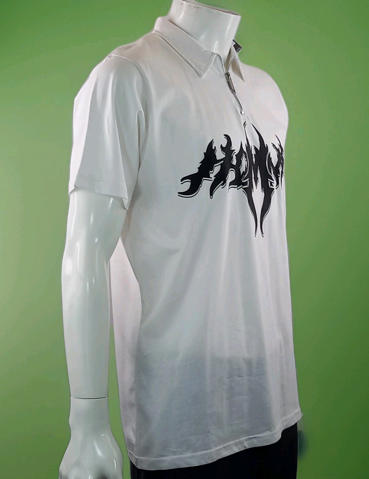 Boohoo Man White Slim Zip Polo Shirt NEW Black Dragon ? Print Large 100% Cotton
