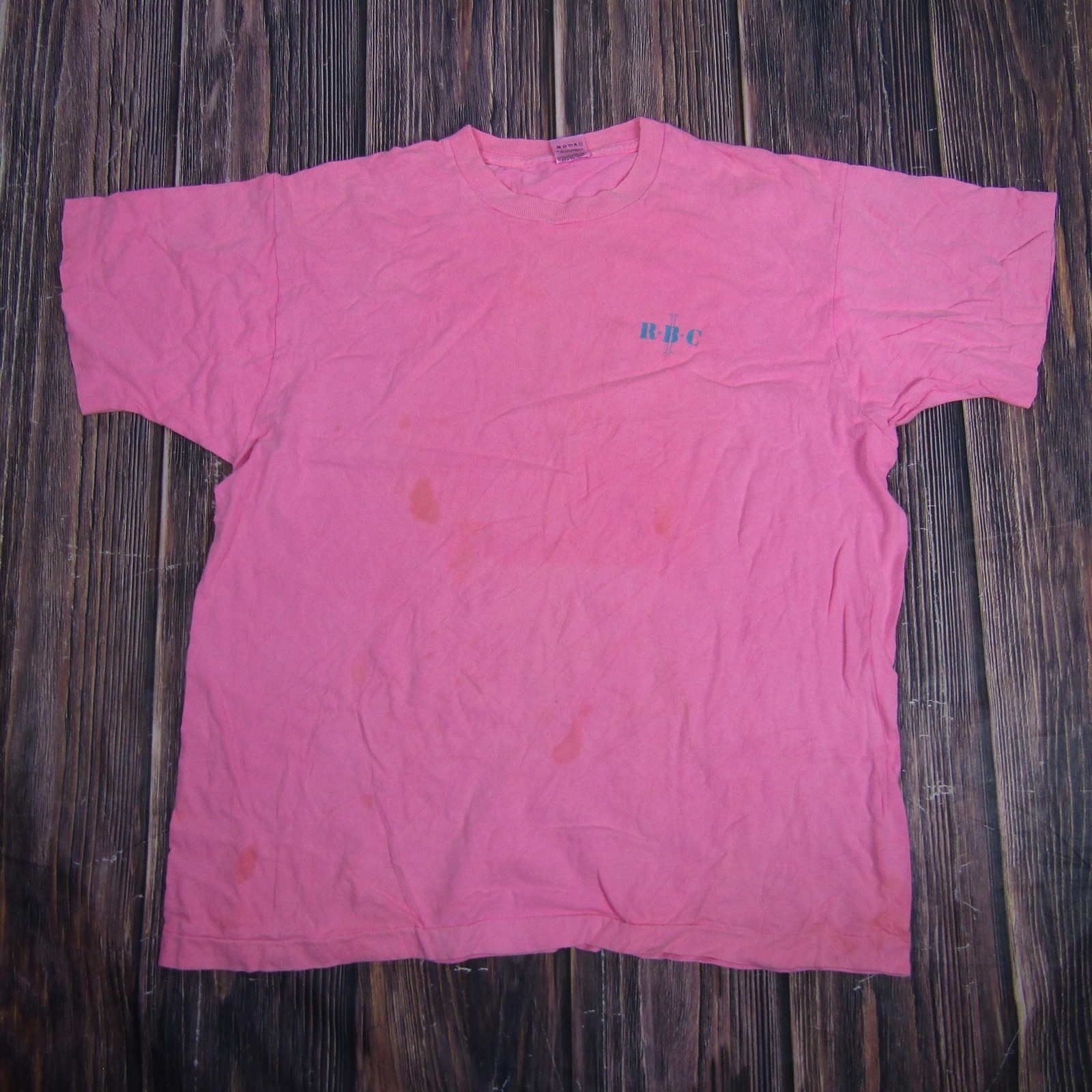 Vintage Fruit of the Loom Shirt Mens XL Pink RBC Graphic Tee Made USA 90s Stains