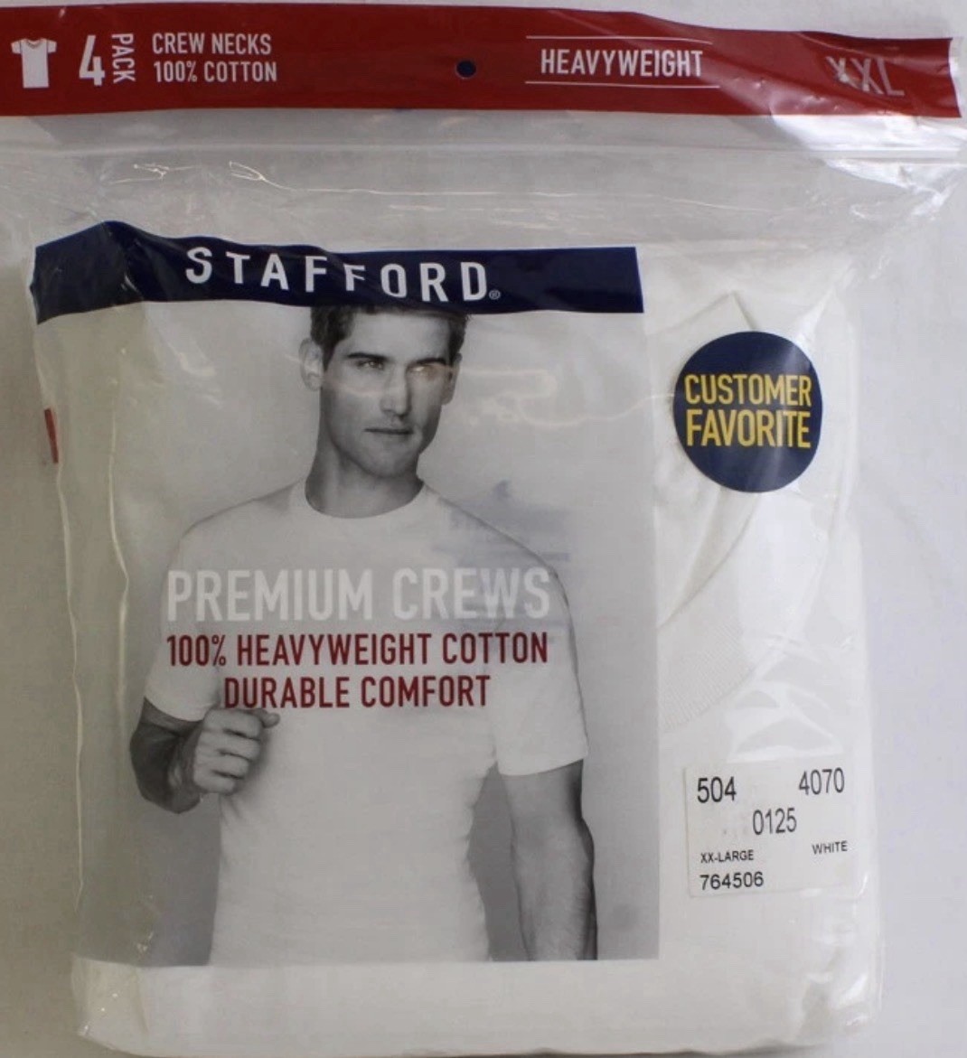 Stafford 4-Pack Men’s Heavyweight 100% Cotton Crew Neck White T-Shirts 2XL