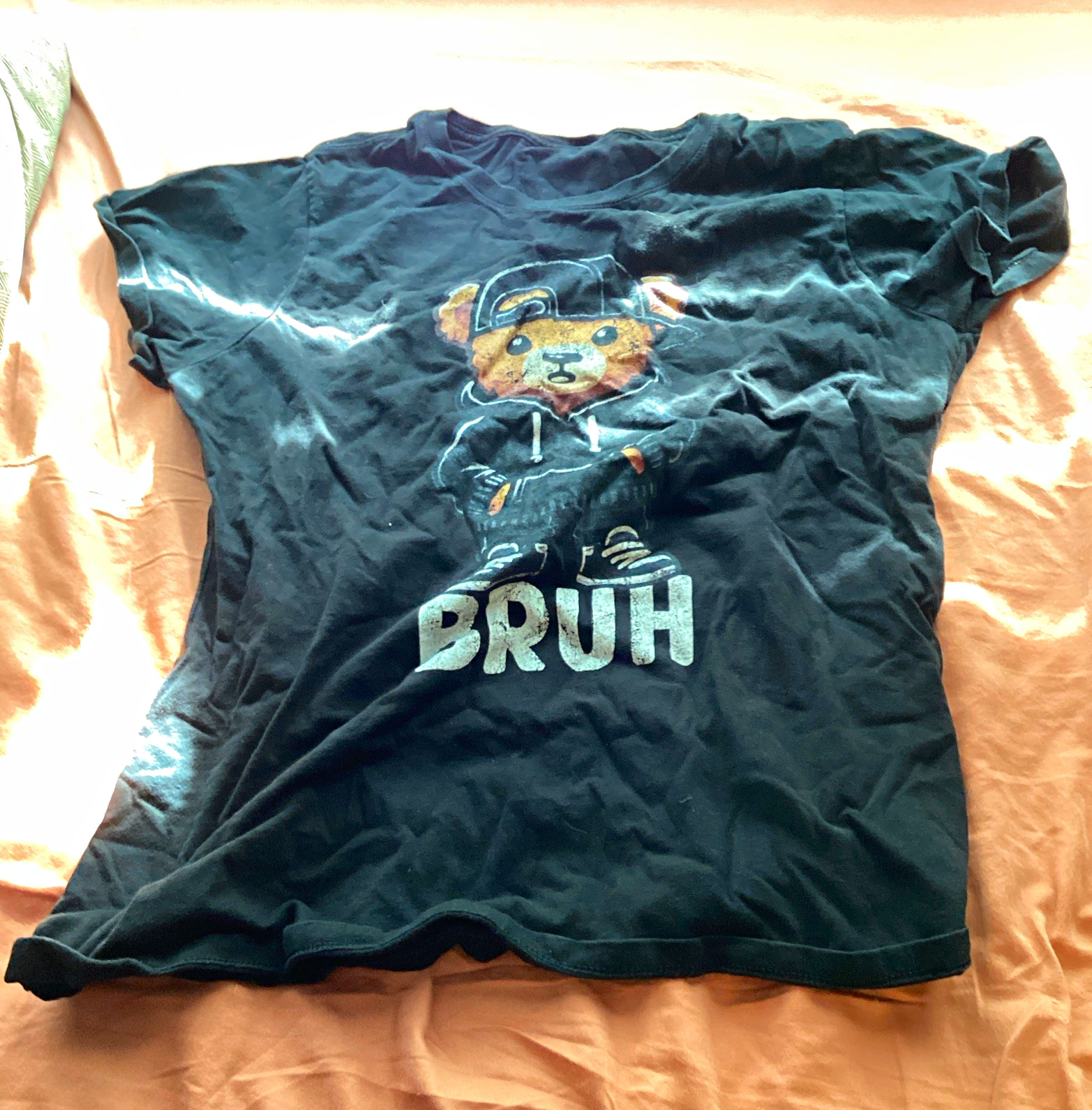 Men’s Black Graphic Print BRUH Bear Funny T-Shirt L Short Sleeve Crew Neck