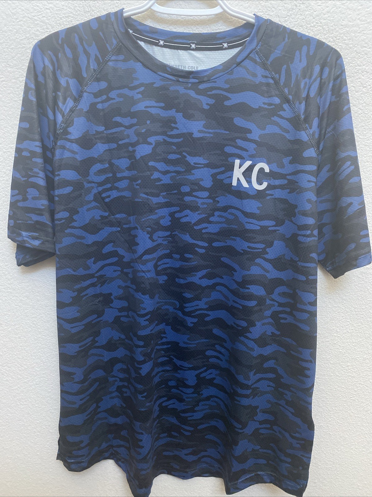 Kenneth Cole Active T Shirt Large Blue Camo Crew Neck Tech SS Tee NWT $49
