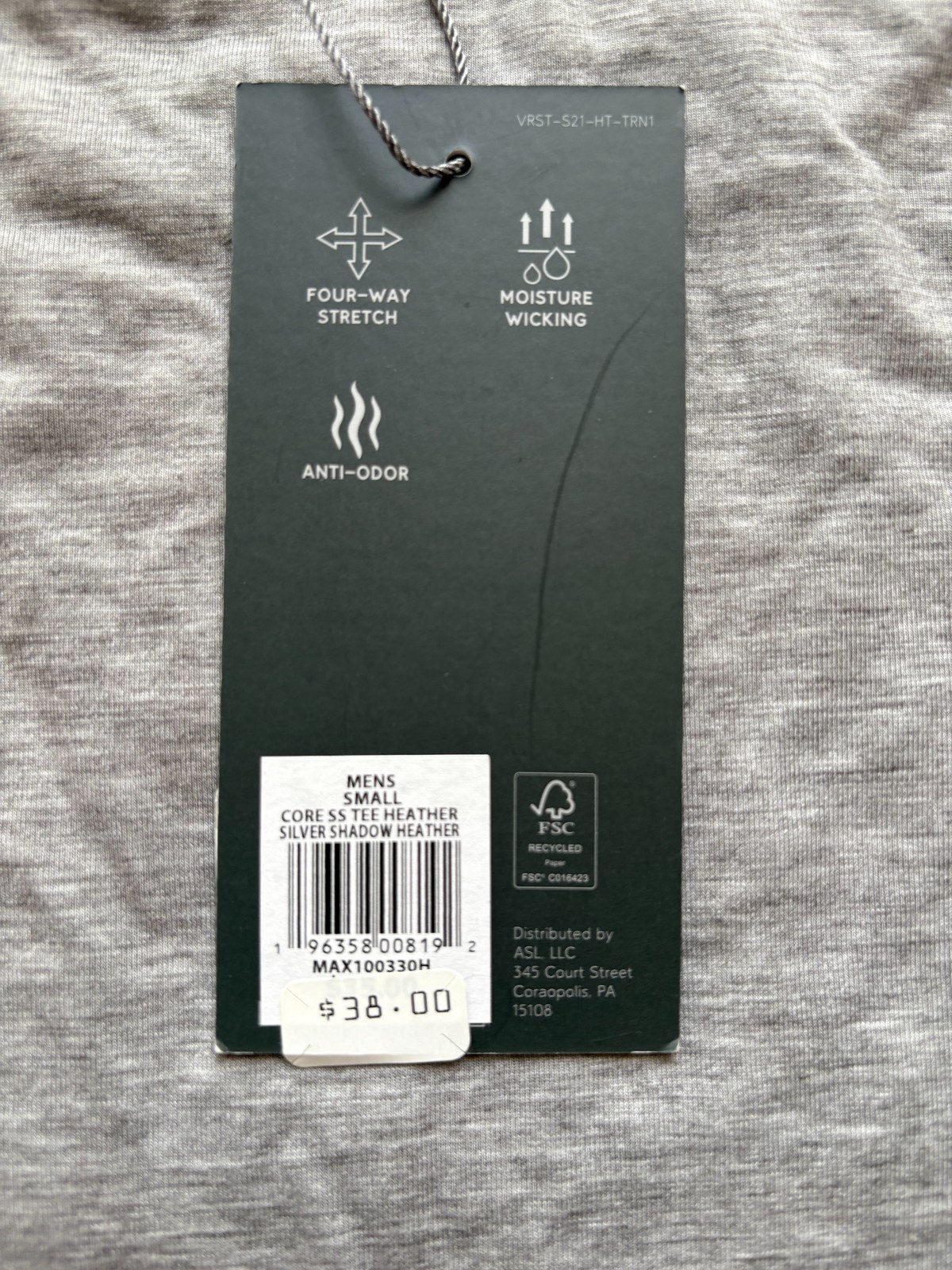 VRST Men’s Small Core Tee HEATHER GRAY, Moisture Wicking, Anti-Odor NEW w/ Tags