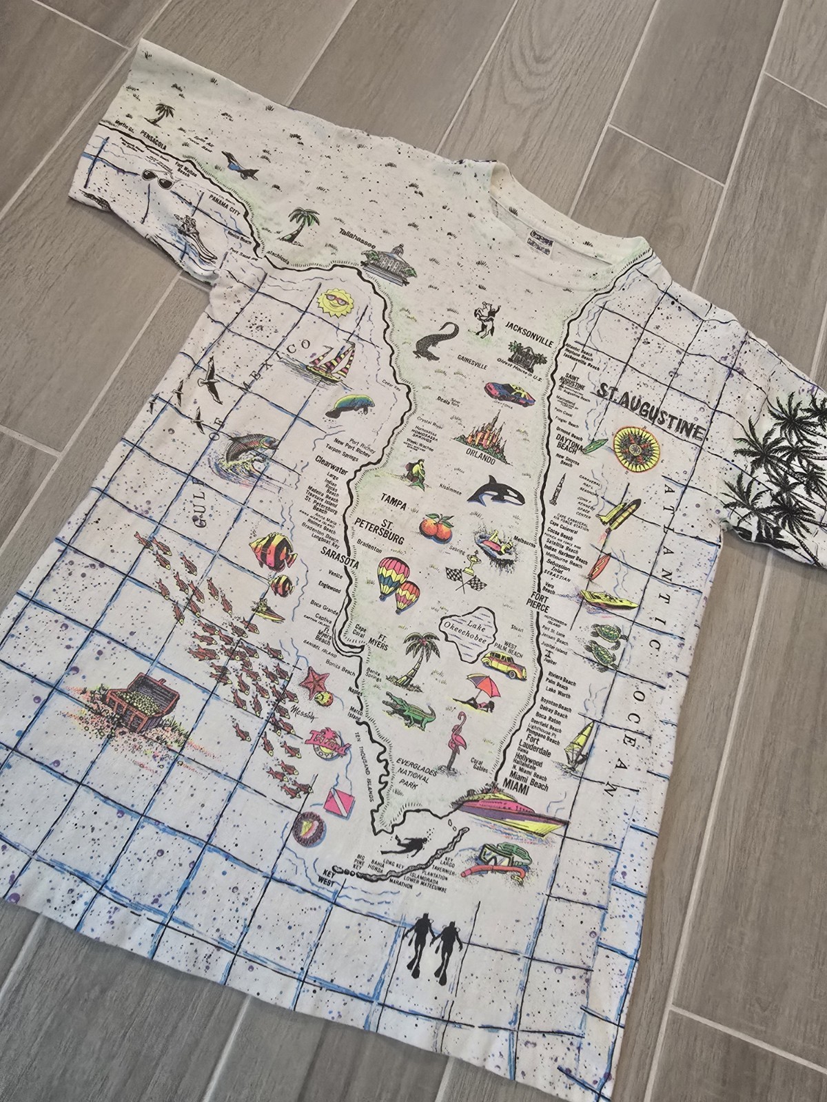Vintage Florida AOP Shirt Single Stitch Large LocoMoFo Colorful Fun Map USA 90s