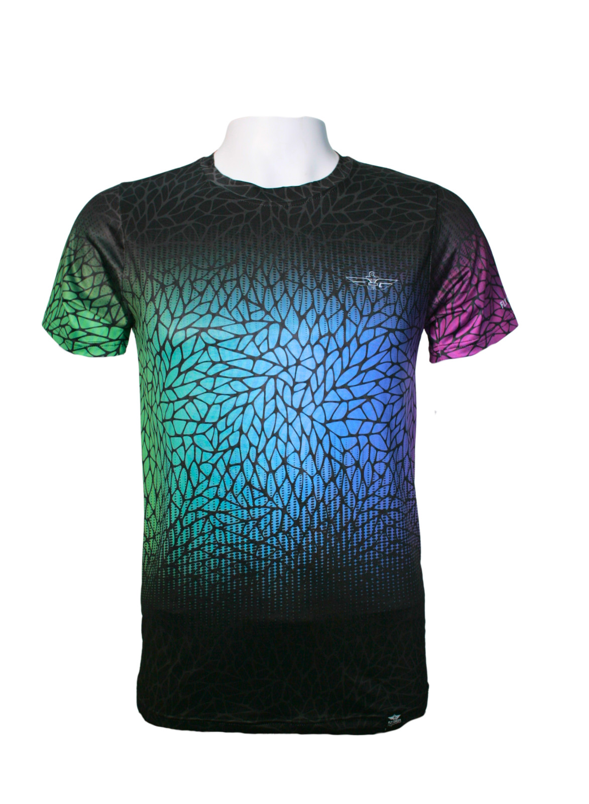 FLY GREEN PERFORMANCE WEAR MENS CREW “BUTTERFLY CELL” DRI-FIT DISC GOLF SHIRT