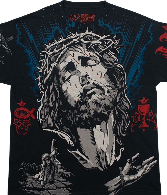 Jesus Ascension Black T-Shirt Liquid Blue
