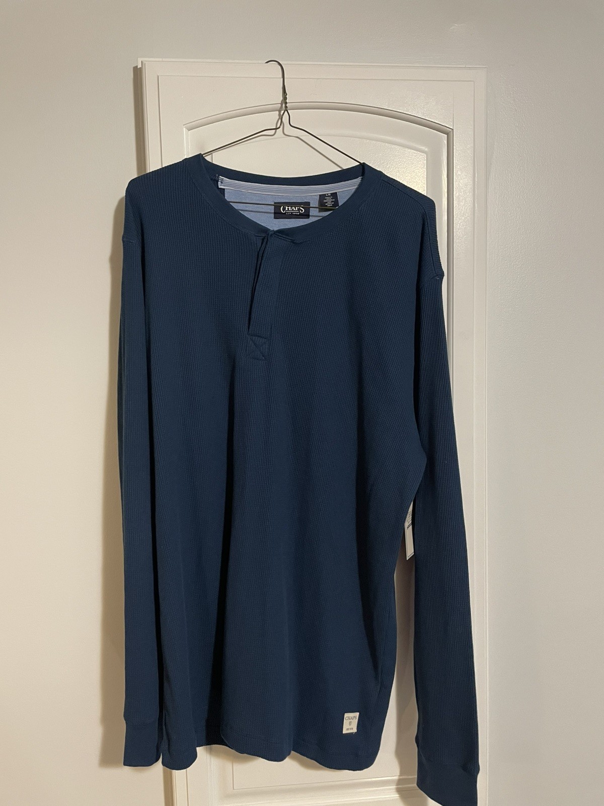 New Chaps Henley Shirt Mens Large Blue Navy Long Sleeve Thermal Waffle Knit Top