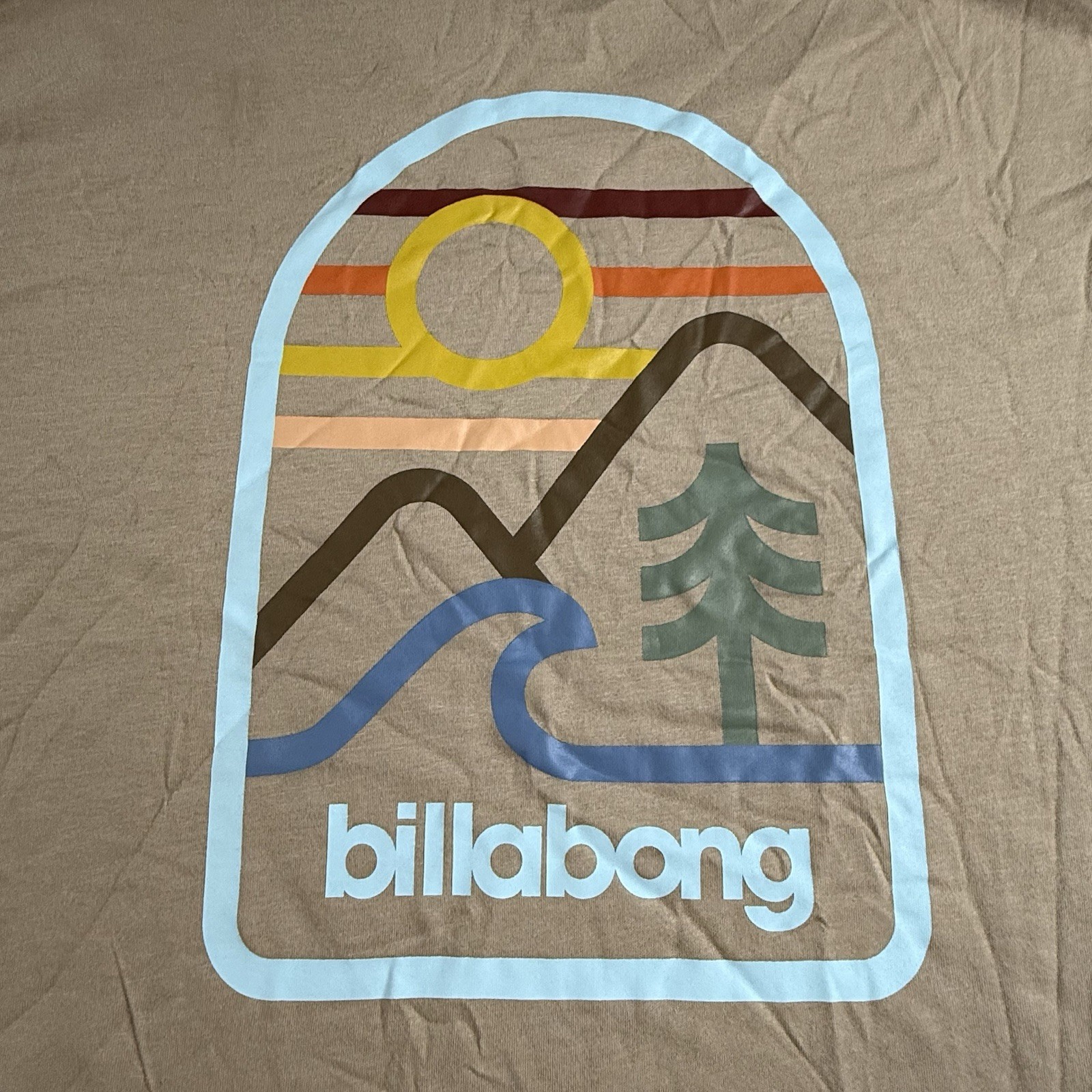 Billabong Men’s Sz L Tan Retro Stripes Graphic Surf T-Shirt 100% Cotton Casual