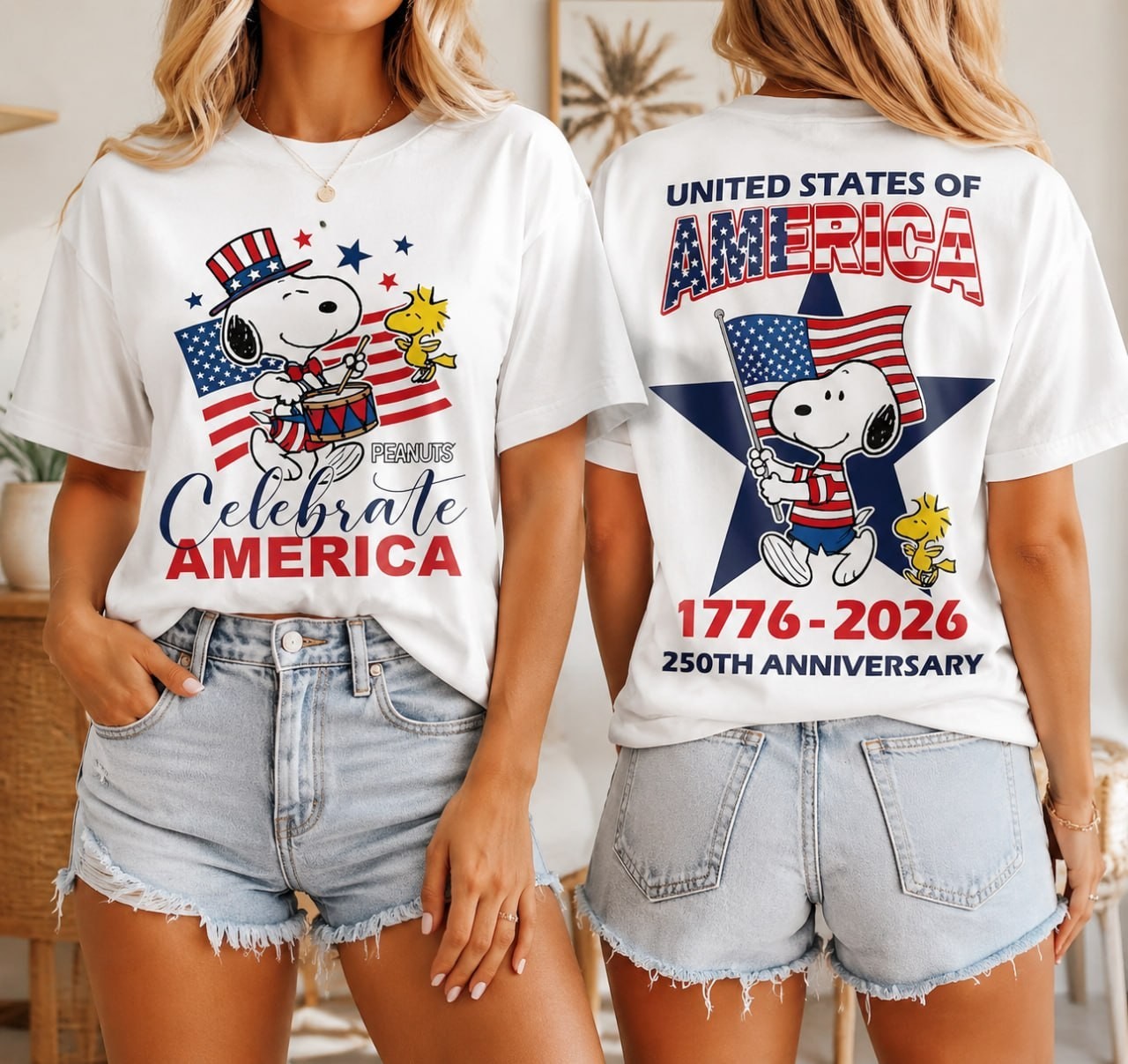 Snoopy 250th Anniversary T-Shirt 2 Sided Peanuts 1776-2026 4th Of July USA Tee