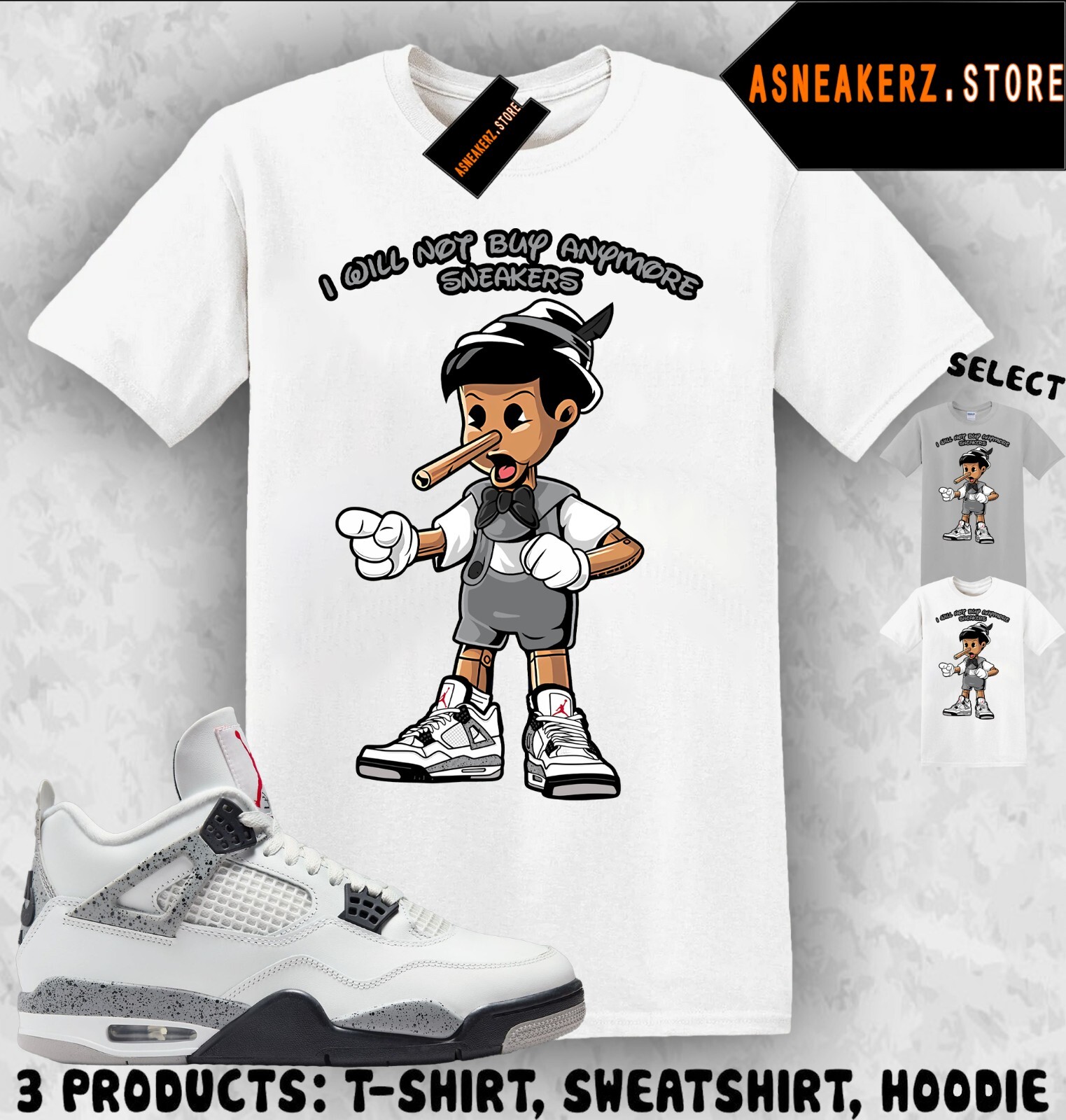 Tee Shirt Matching AJ 4 White Cement 2025 To Match Sneaker Sneakerhead Pinocchio