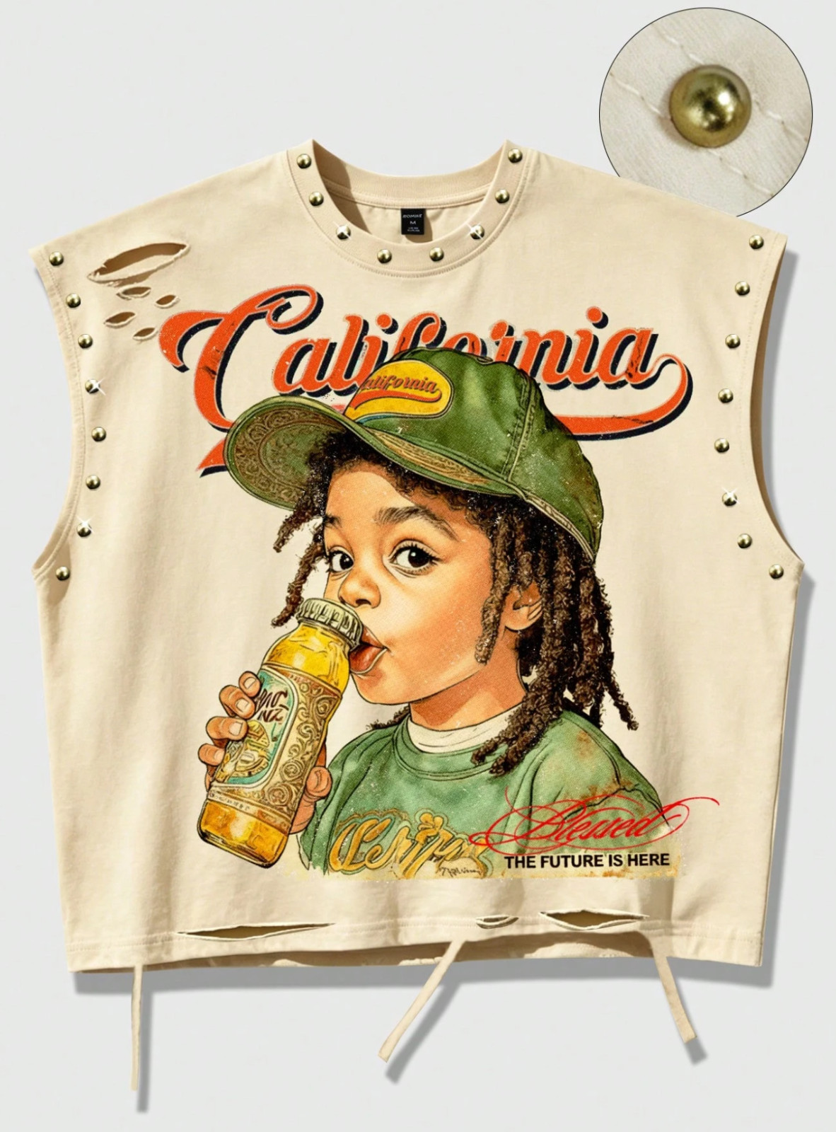 Unisex Graphic Studded Crop Tank Top Distressed Sleeveless Casual Streetwear Tee