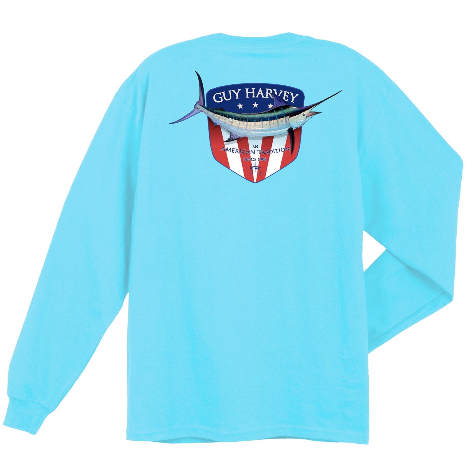 Guy Harvey Men’s Down Home L/S Fish Boat T-shirt..Pick Size..Pool Blue