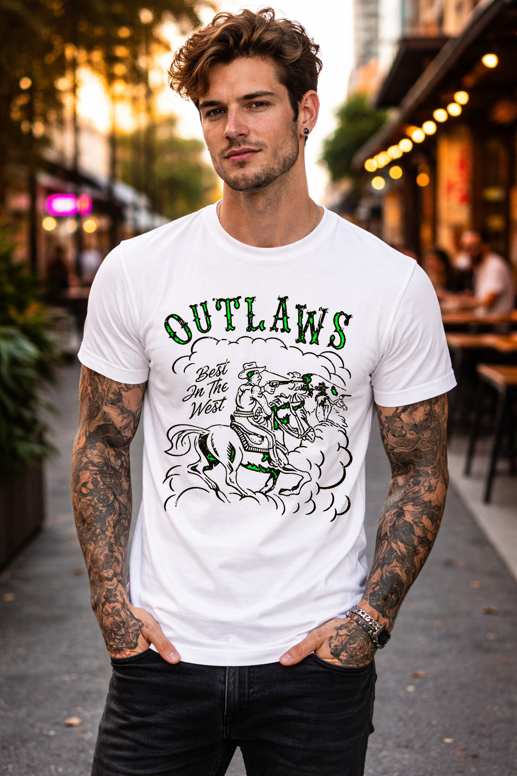 Outlaws Western Cowboy Graphic T-Shirt Vintage Rodeo Style Tattoo Streetwear Tee