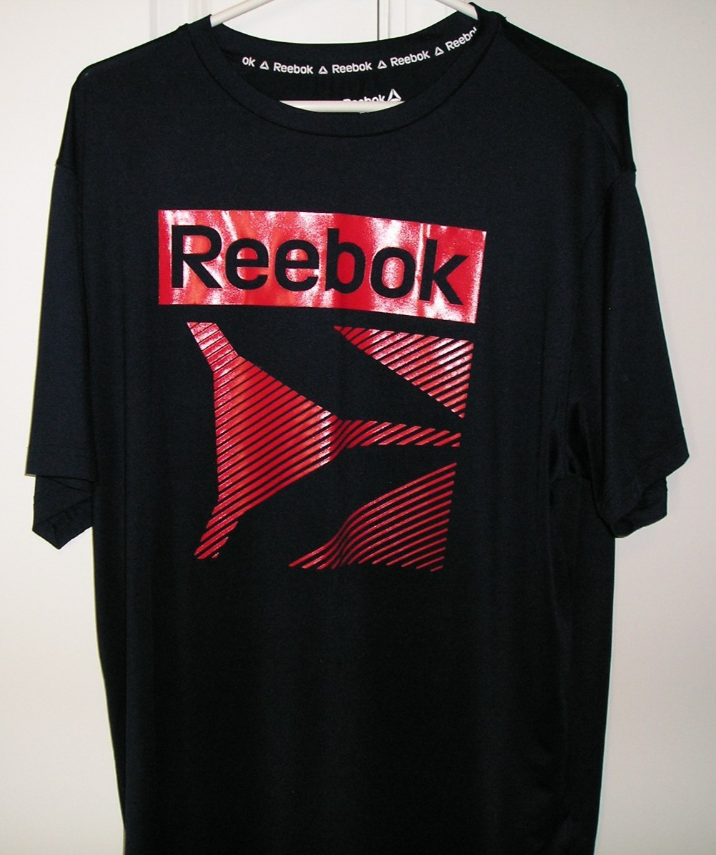 REEBOK MEN’S GRAPHIC NAVY BLUE (SS) POLYESTER/SPANDEX CREW NECK T. SHIRT~NICE!