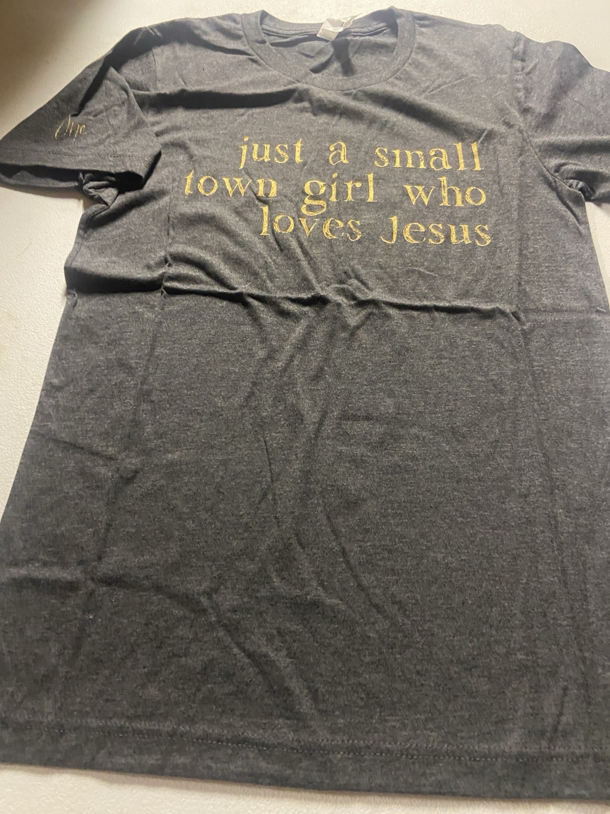 Heather Dark Gray short sleeve t-shirt with Gold “Just a Small Town Girl …” logo