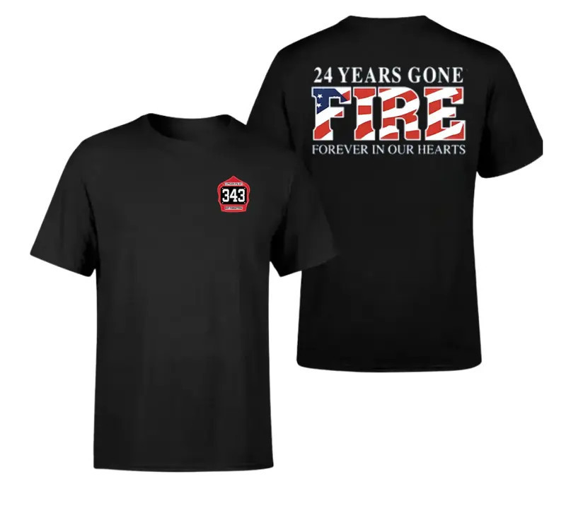 343 Firefighter Tribute T-Shirt Two Side, Vintage American Flag Memorial Tee
