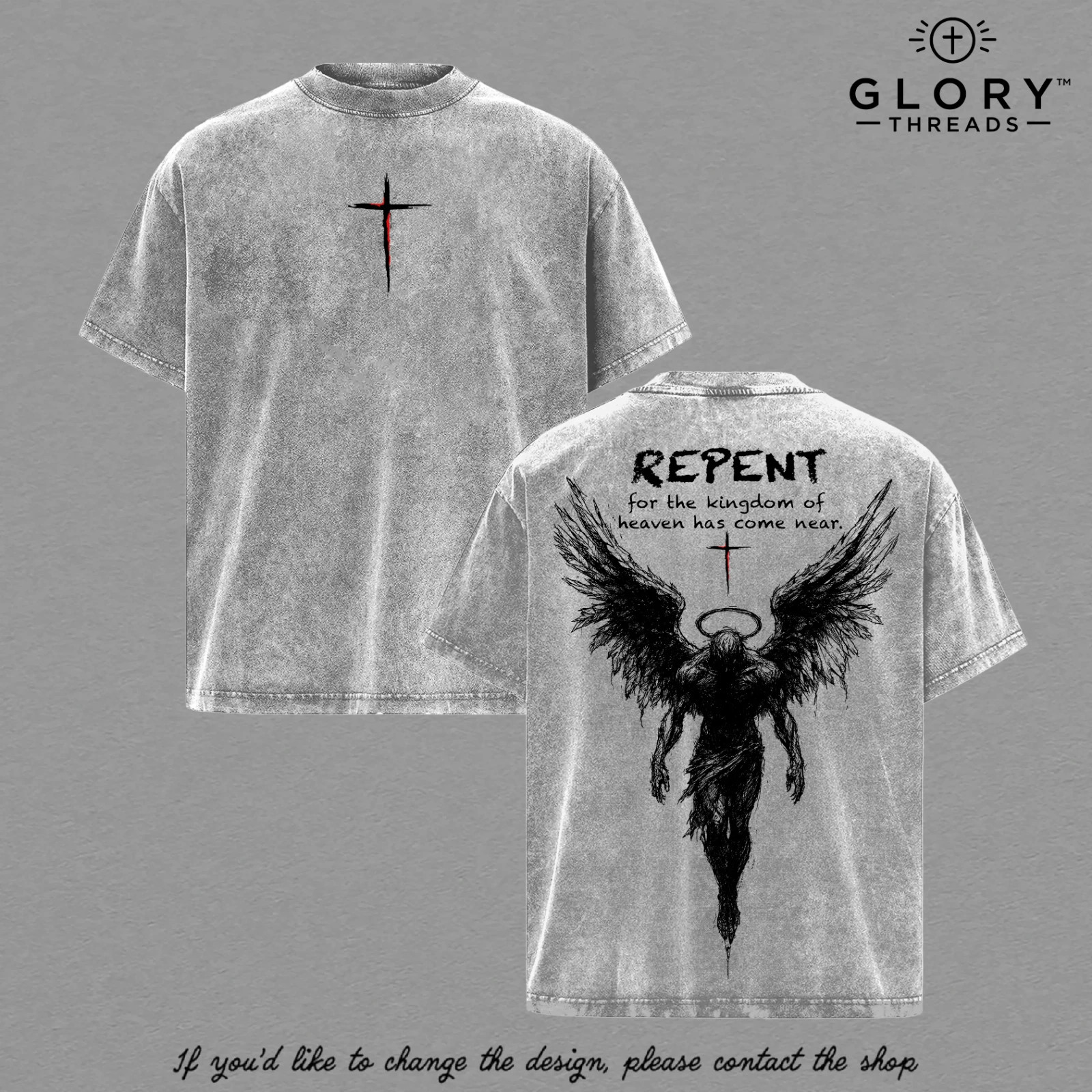 Repent Vintage Washed Oversized Christian T-Shirt, Angel Wings Faith Graphic Tee