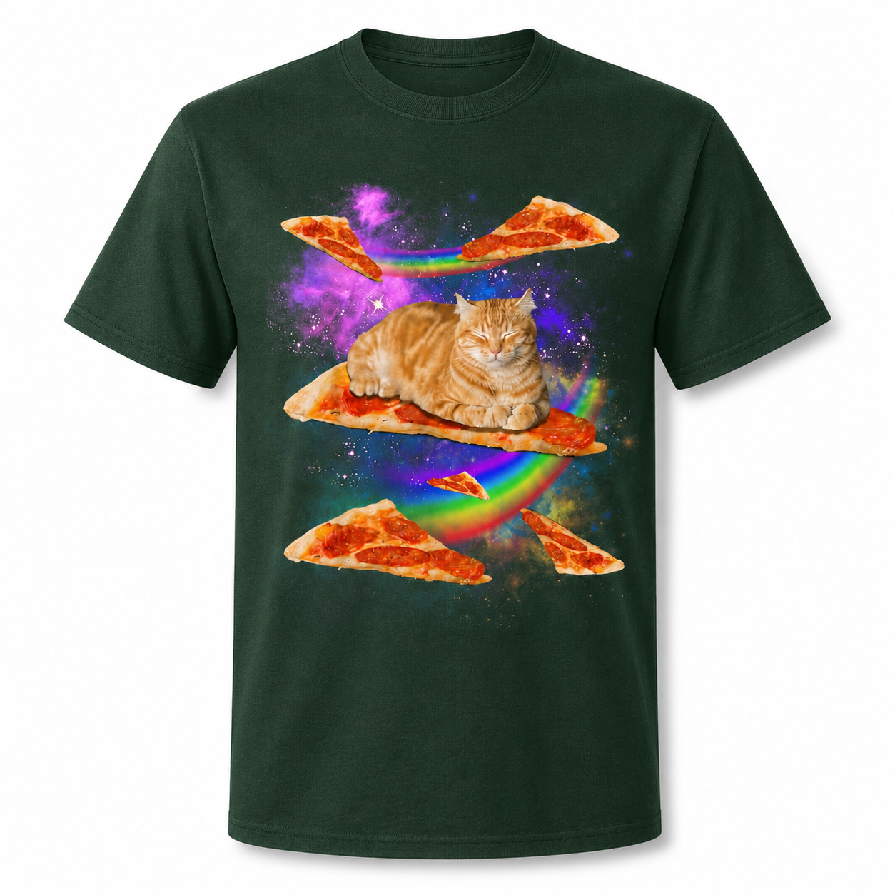 Funny Galaxy Cat Riding Pizza T-Shirt Space Rainbow Graphic Tee Men’s S-5XL