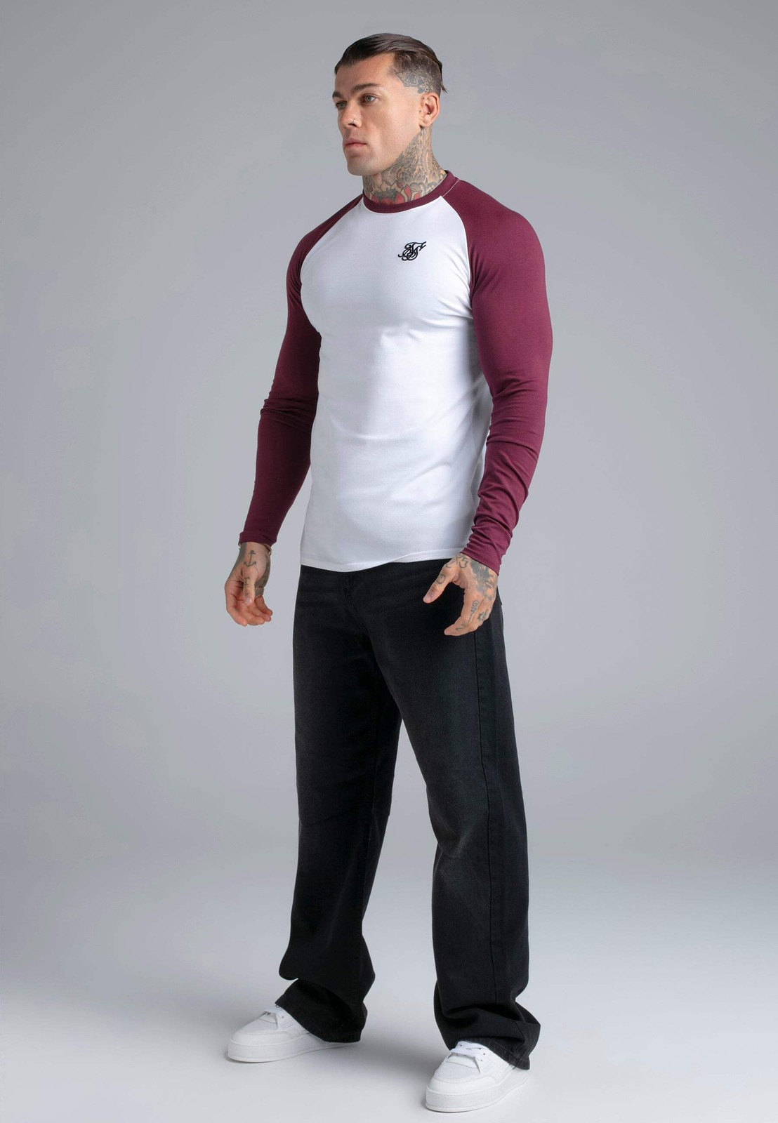 SikSilk Men’s Long Sleeved Muscle Fit T-Shirt Tee White and Burgundy