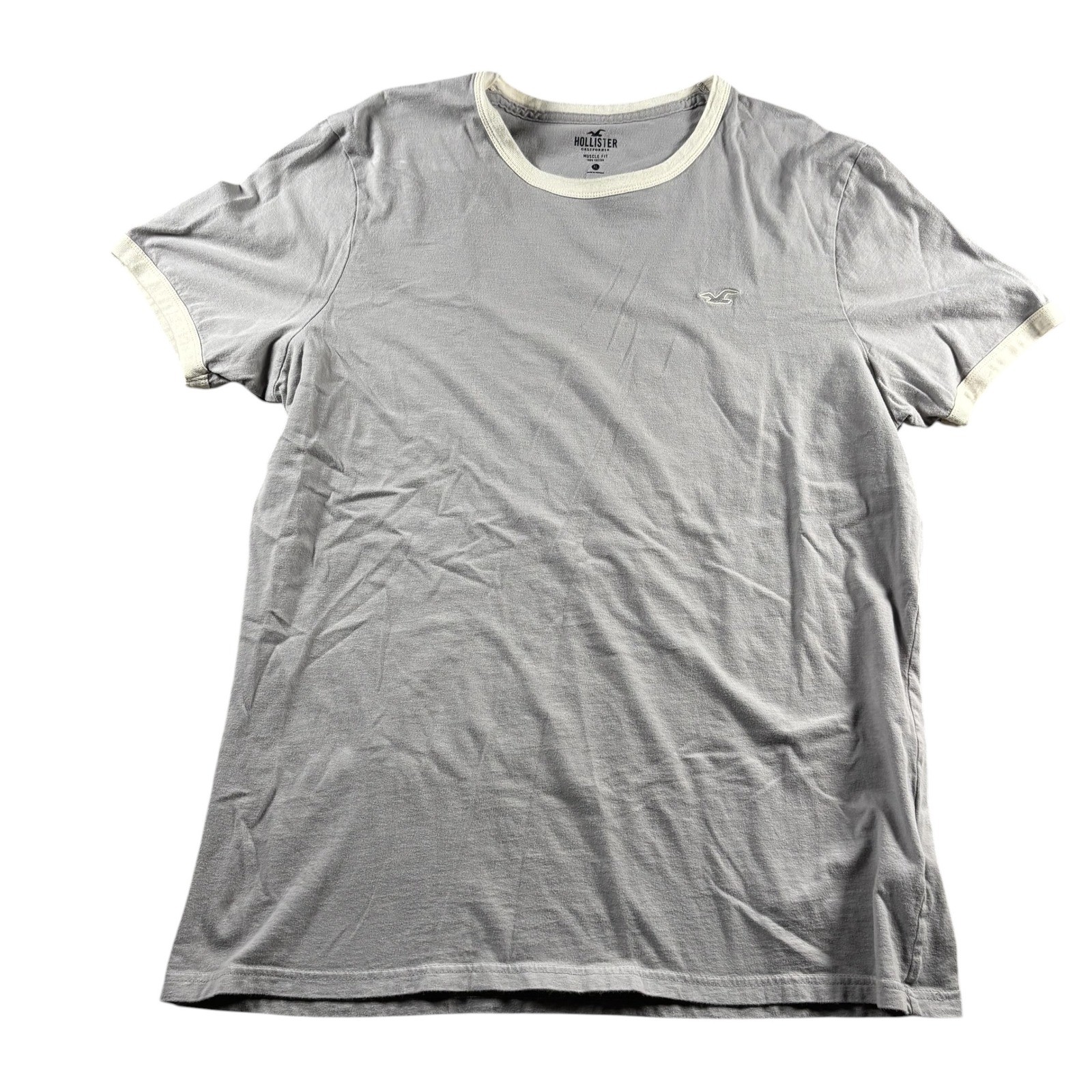 Hollister Mens Muscle Fit Ringer T-Shirt Gray Cream Trim Cotton XL Short Sleeve