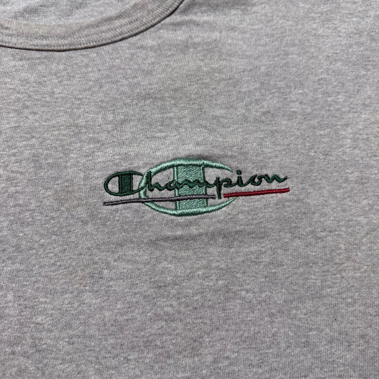 Vintage 90s Champion Script Logo Embroidered Streetwear Heather T-Shirt – XL