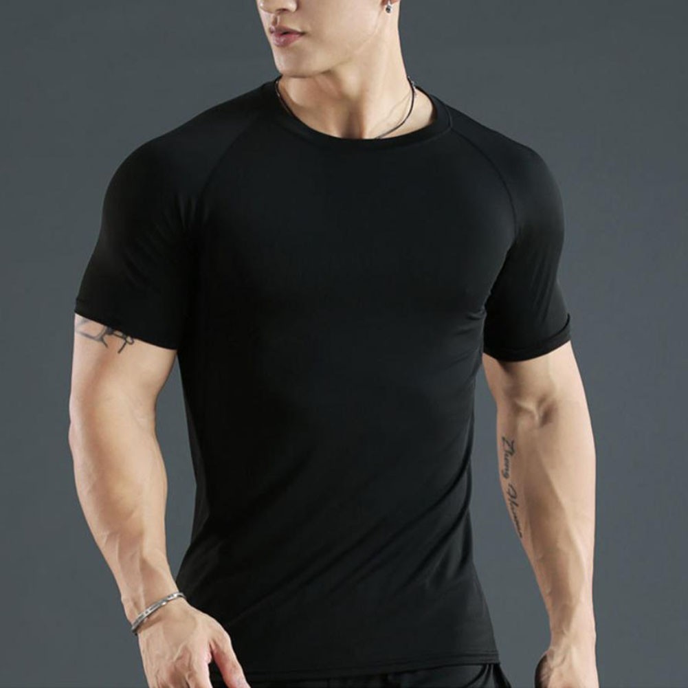 Quick Dry Round Neck Tight Top for Men Polyester for Gym Running Outdoor