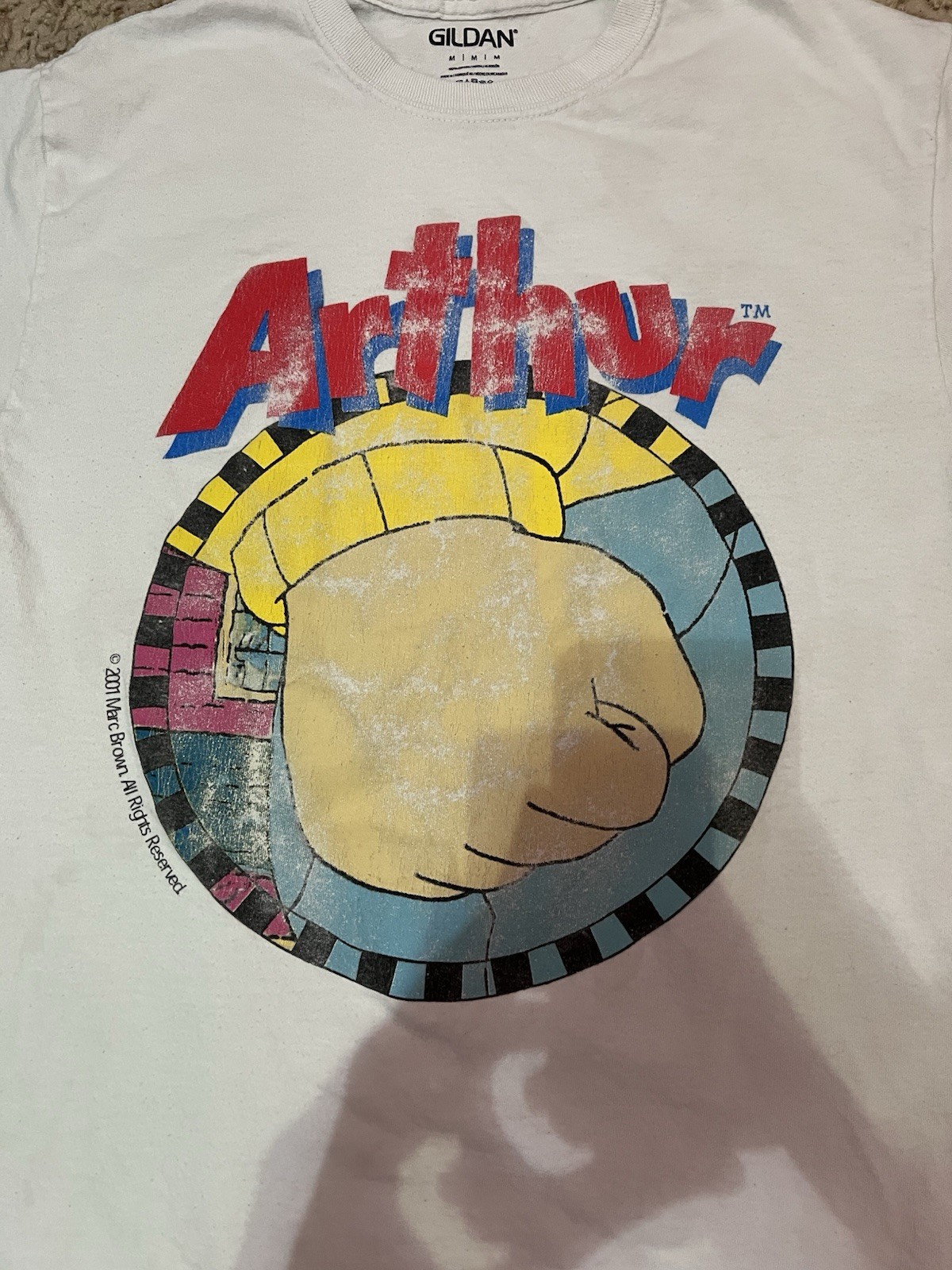 Vintage 2001 Arthur Fist T-shirt Medium Cartoon Tv Show Meme White Grahpic Tee.