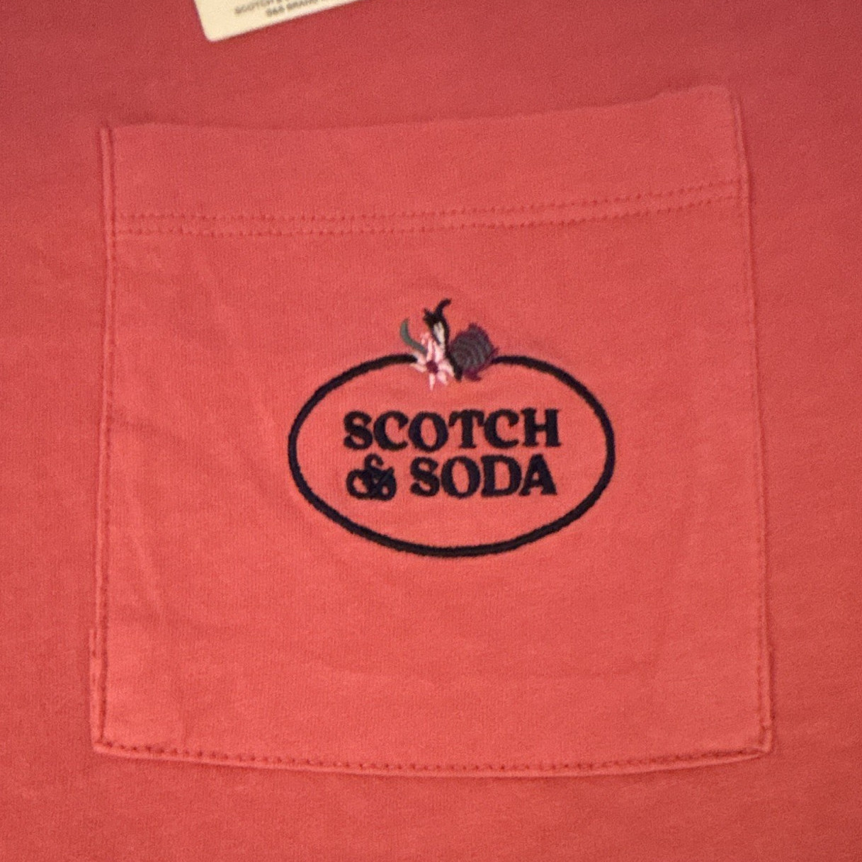 Scotch & Soda Men’s Red Solid Pocket Logo Crew Neck Short Sleeve T-Shirt L