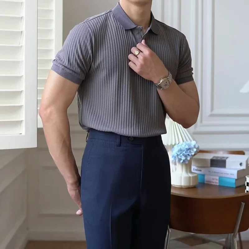Male Casual Vintage Comfortable Lapel T-shirt Knitted Top 2025 New Summer Men Tr