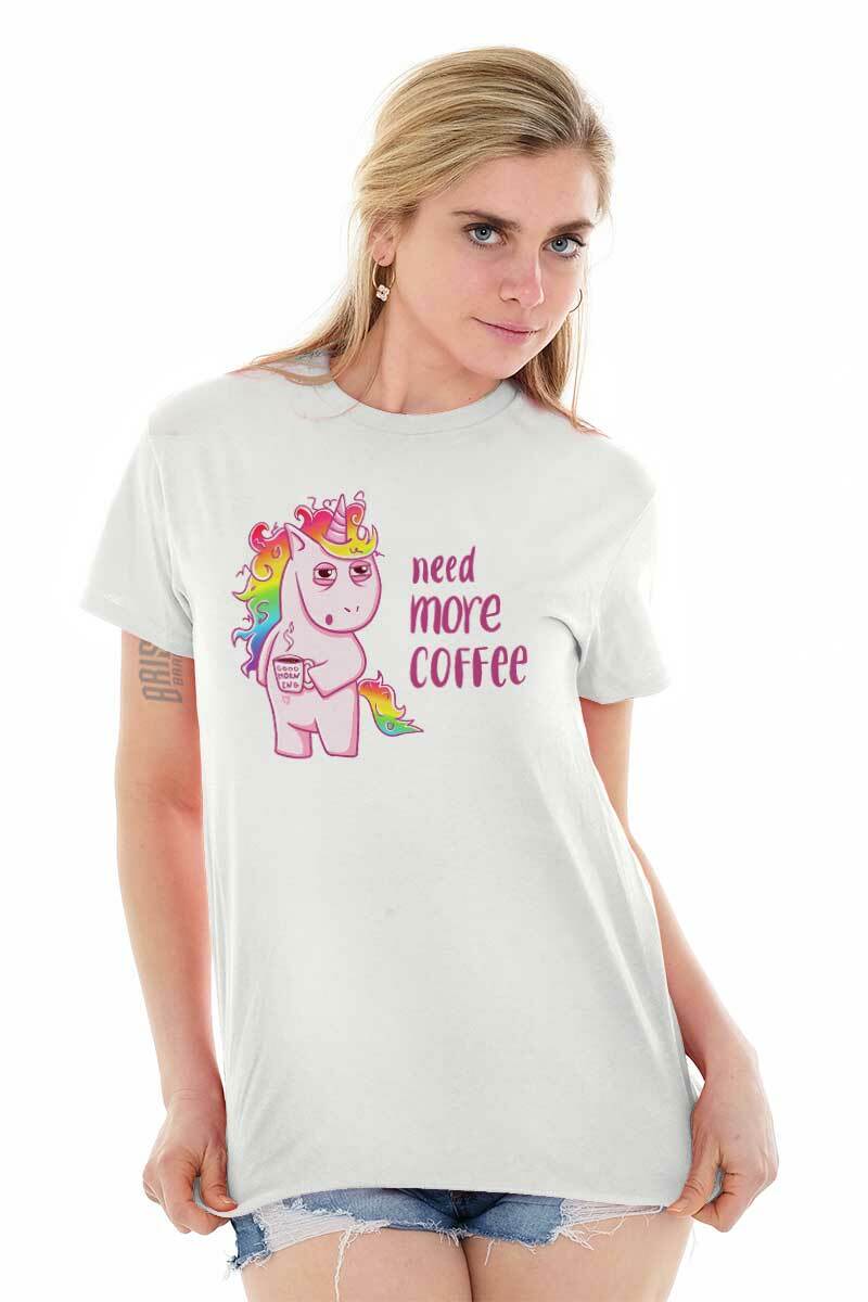 Funny Tired Unicorn Need More Coffee Joke Womens Graphic Crewneck T Shirt Tee