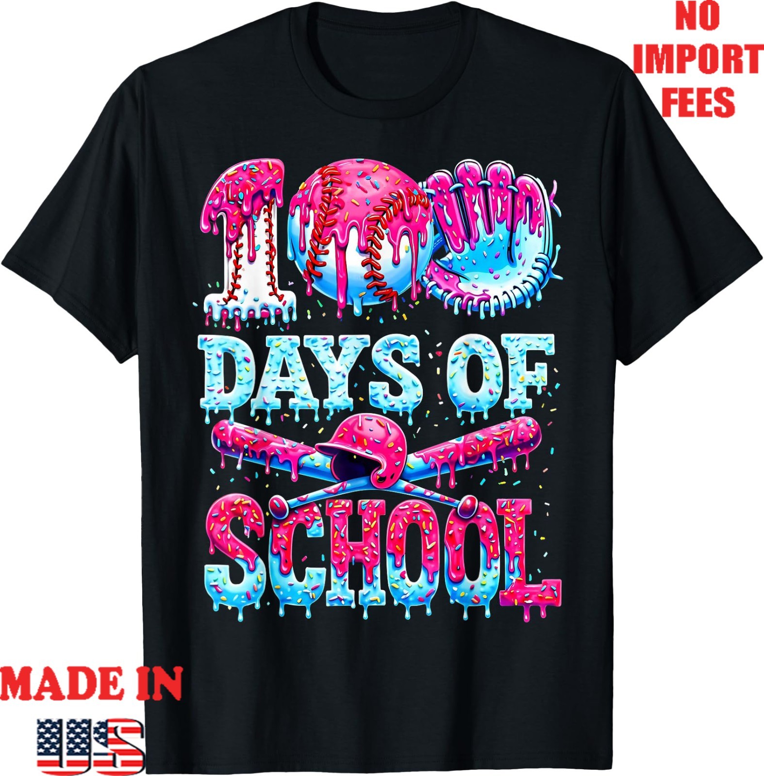 100 Days of School Baseball Ice Cream Drip T-Shirt, Kid Adult Tee