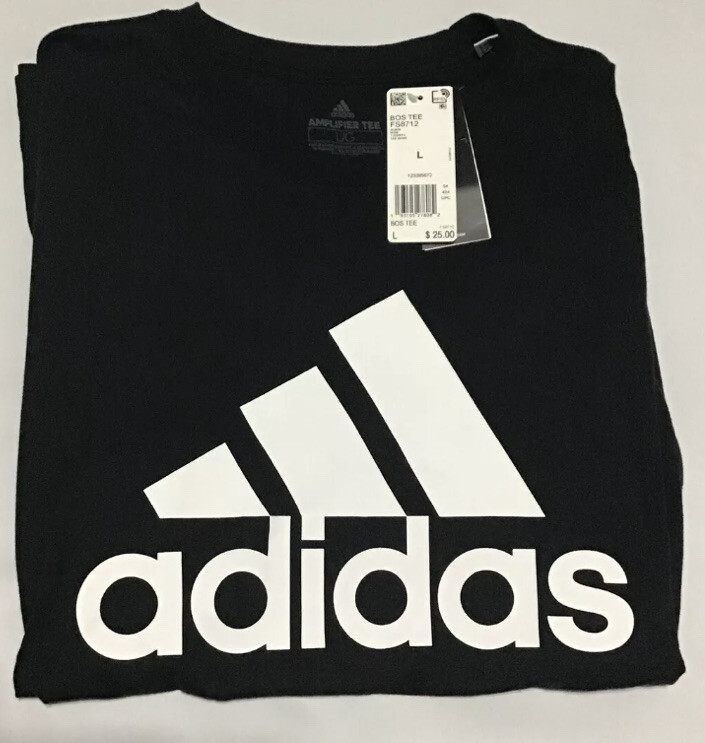 adidas Black T-Shirt Basic BOS Tee Men’s Sz Large 3 Stripes Logo Athletic NWT