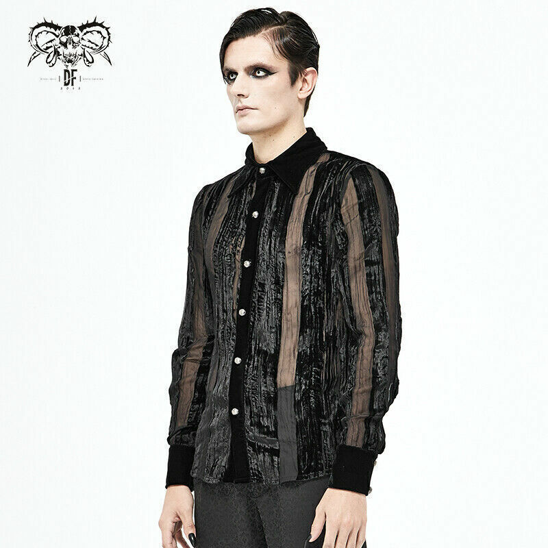 Gothic Punk Irregular Striped Velvet Pleated Tops Basic Style Slim Men Shirts