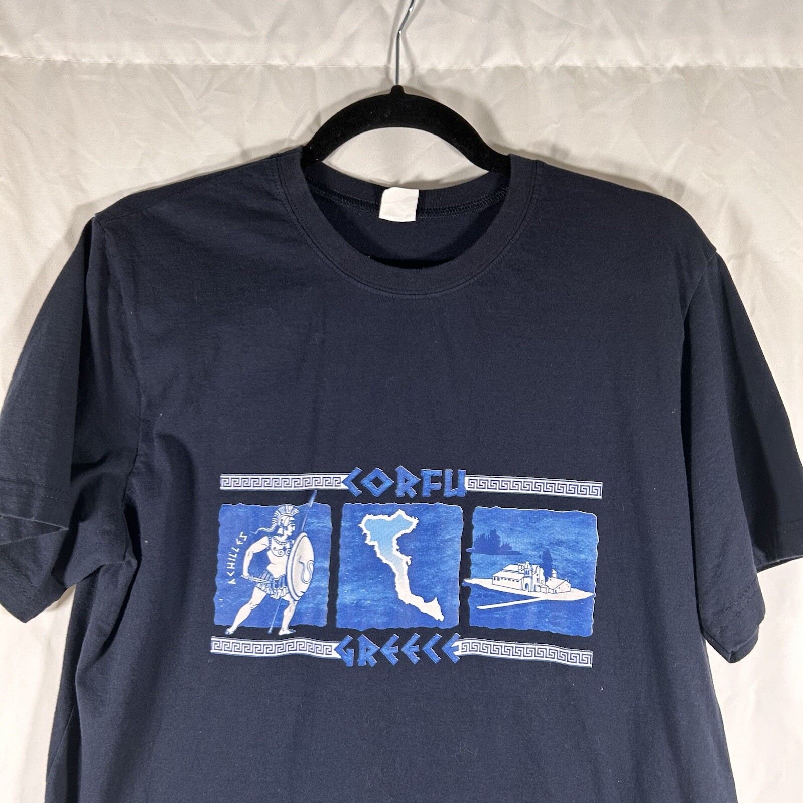 Corfu Greece Shirt Men’s Large Navy Blue Achilles Print Crew Neck Short Sleeve