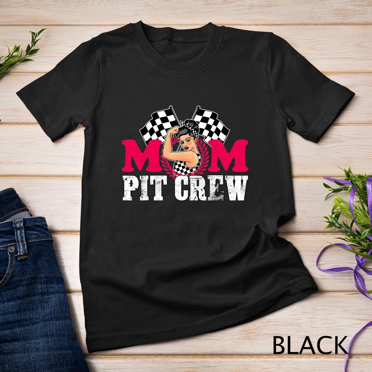 Mom Pit Crew Car Racing Checkered Flag Racing Party Gifts Unisex T-shirt