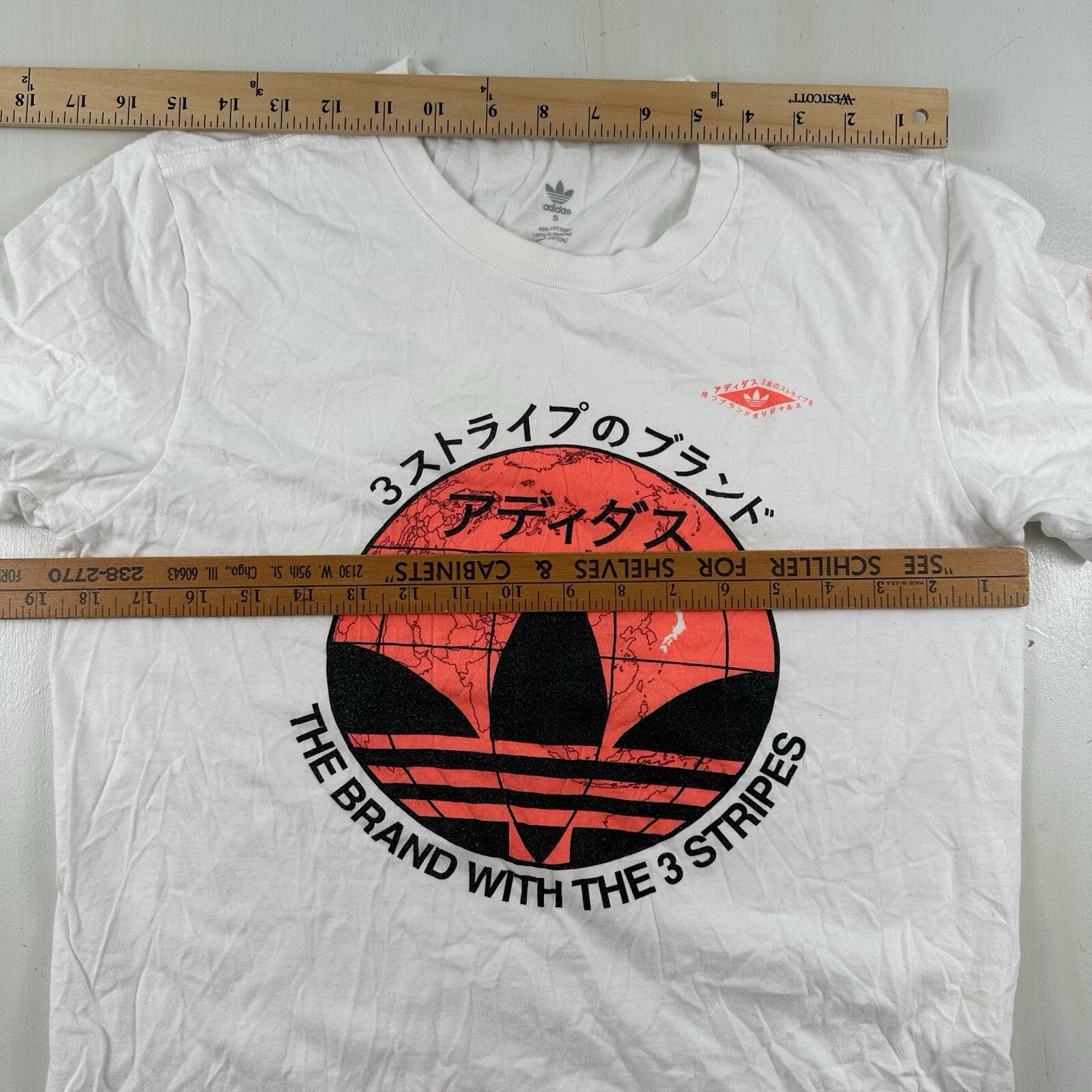 ADIDAS Japan Script Print T-Shirt Mens Small Trefoil Text Logo White Orange