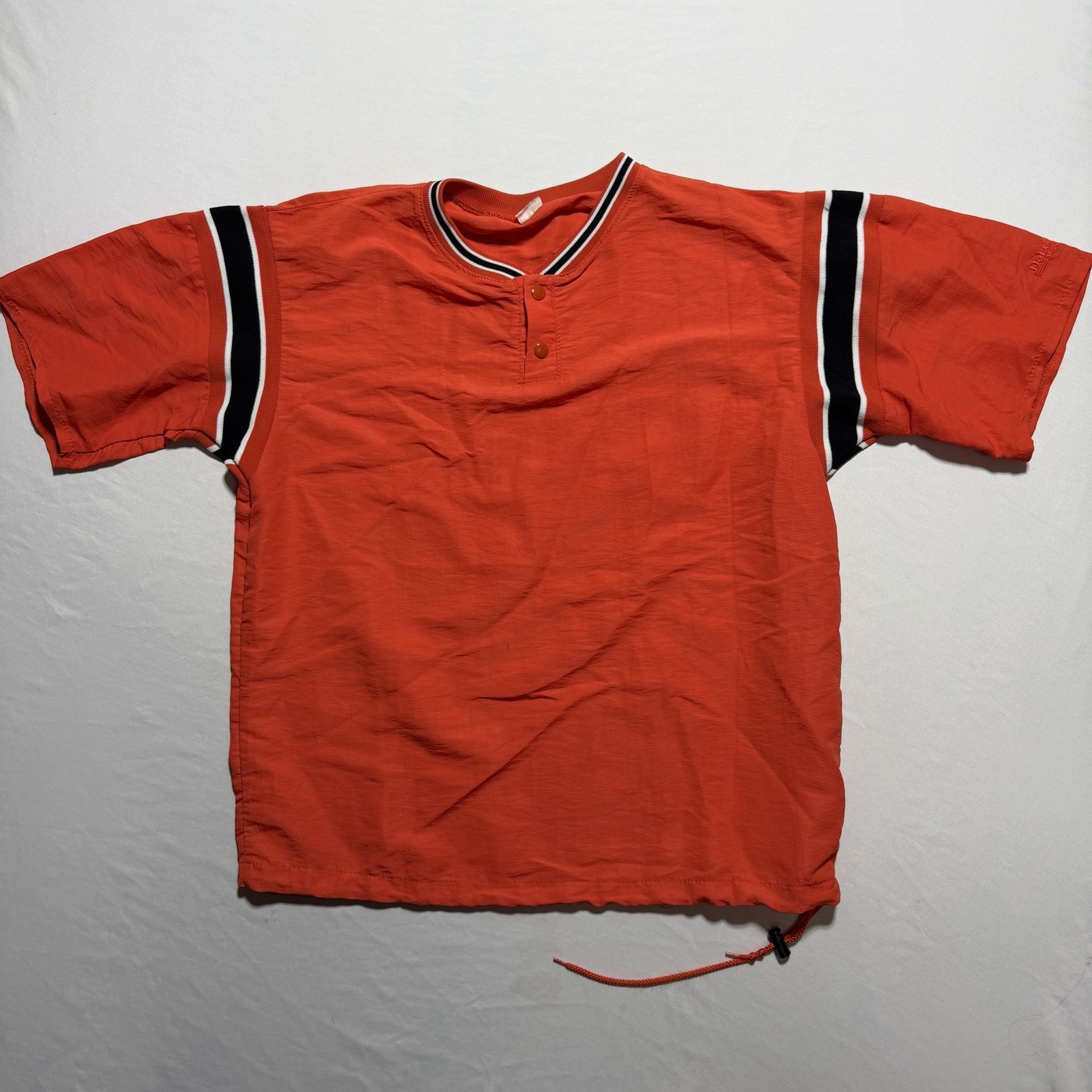 DeLong USA Vintage Nylon Pullover Shirt Medium Orange Black Stripe Drawstring