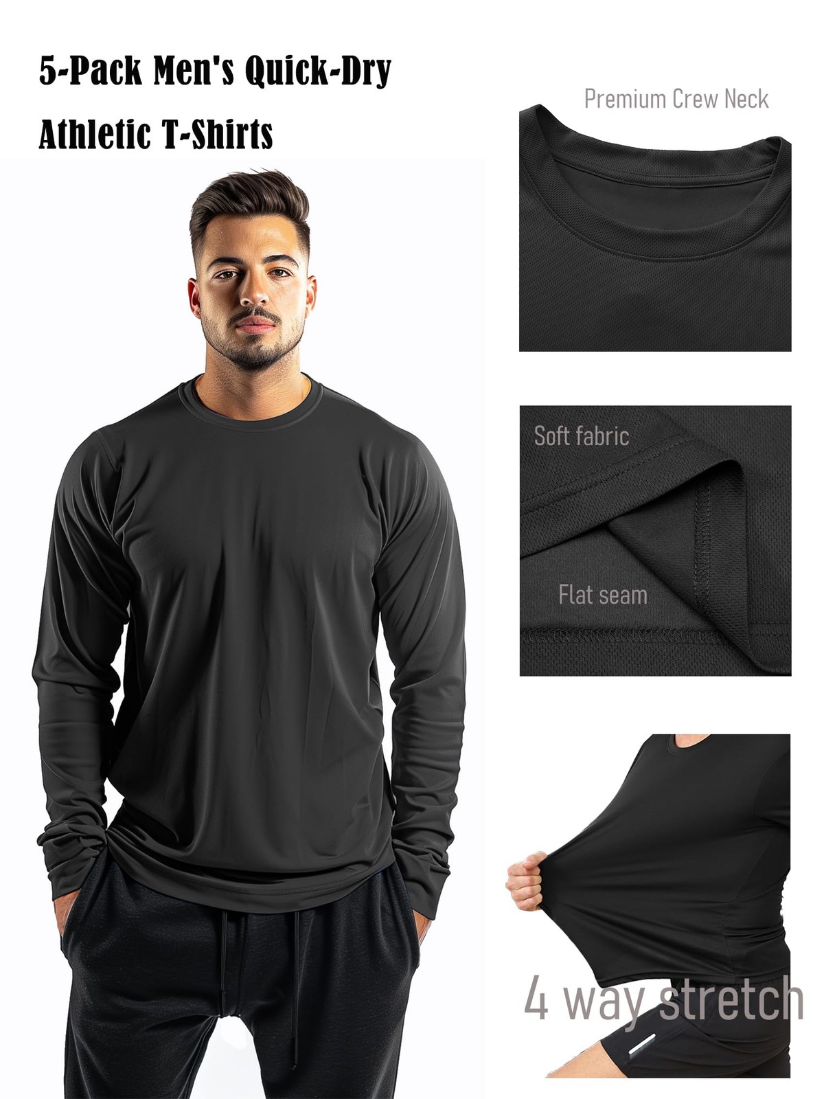 5 Pack Mens Long Sleeve Shirts Quick Dry Moisture Wicking Athletic Running Gy…