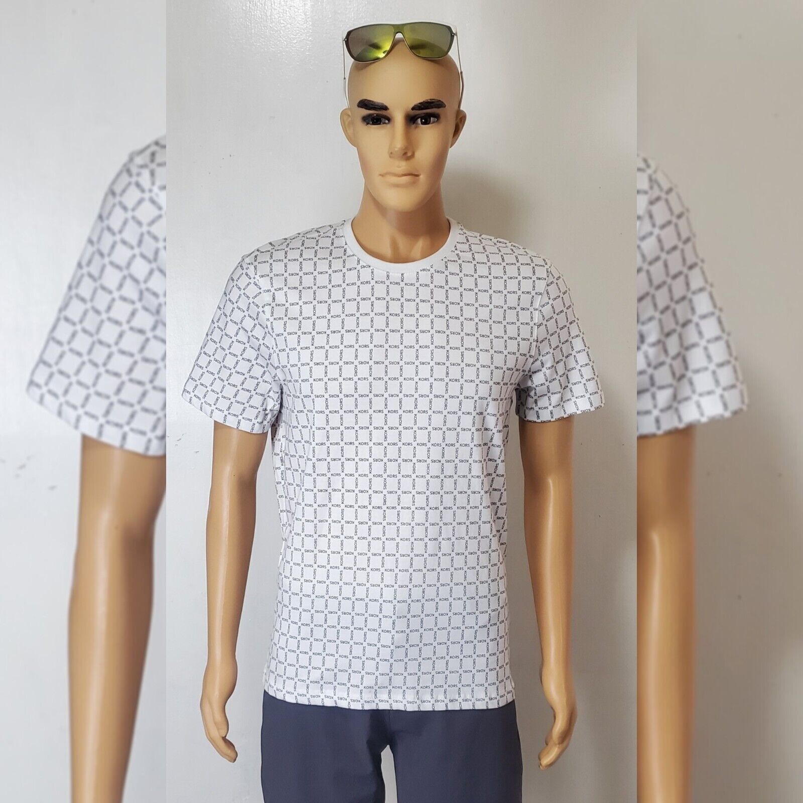 NWT MICHAEL KORS SHORT SLEEVE TSHIRT MEN’S ALLOVER GEOMETRIC LOGO PRINT WHITE