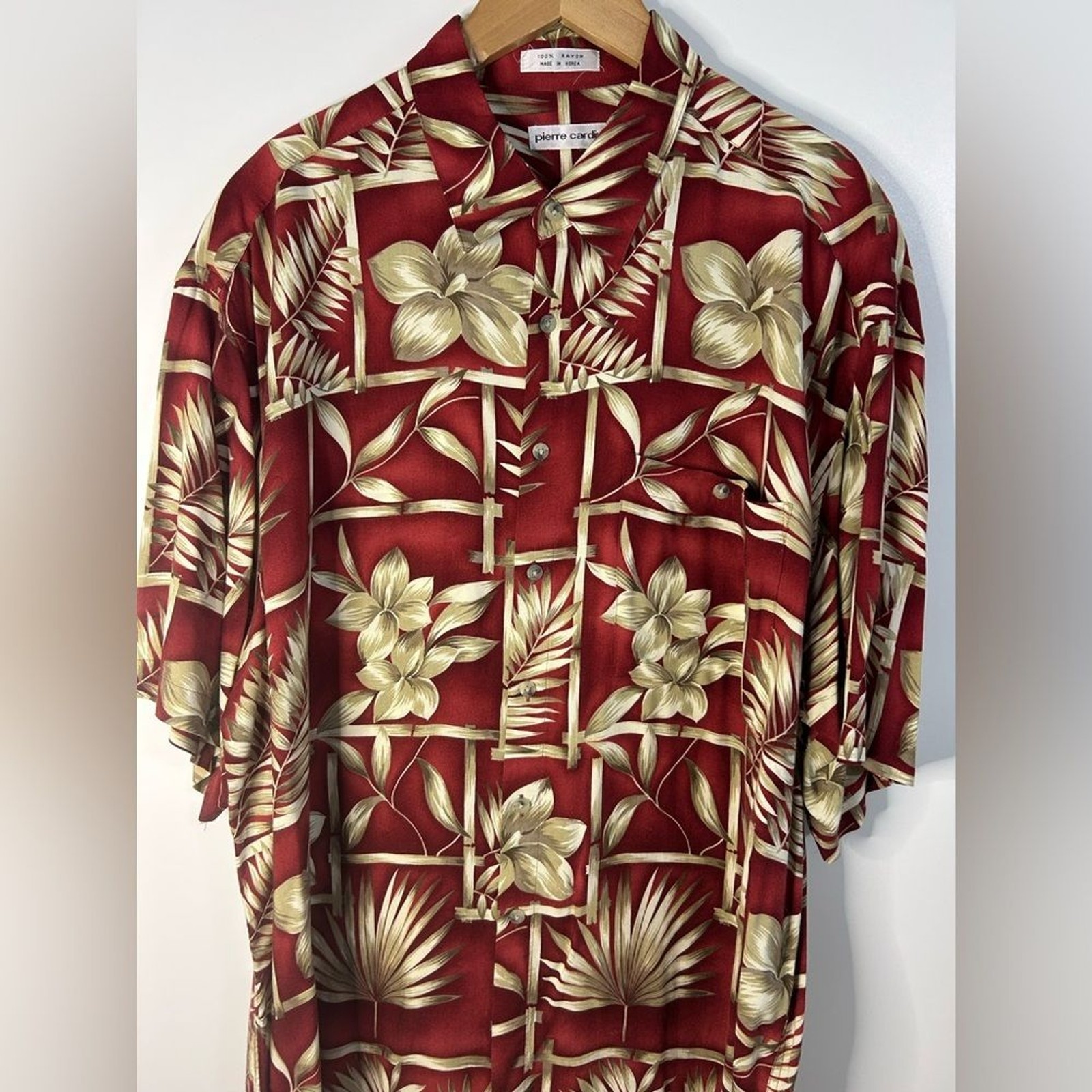 Pierre Cardin Casual floral. Red and Cream Button Down Shirt. 100% Rayon .