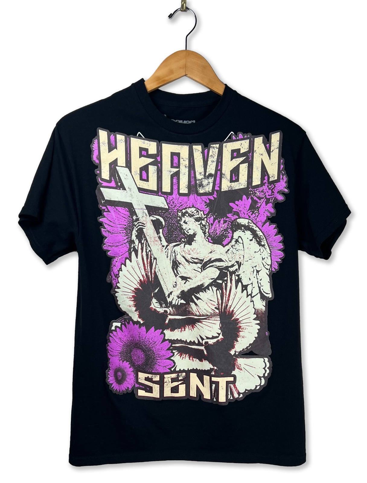 Heaven Sent Graphic T Shirt Small Black Angel Cross Floral Tee Gothic
