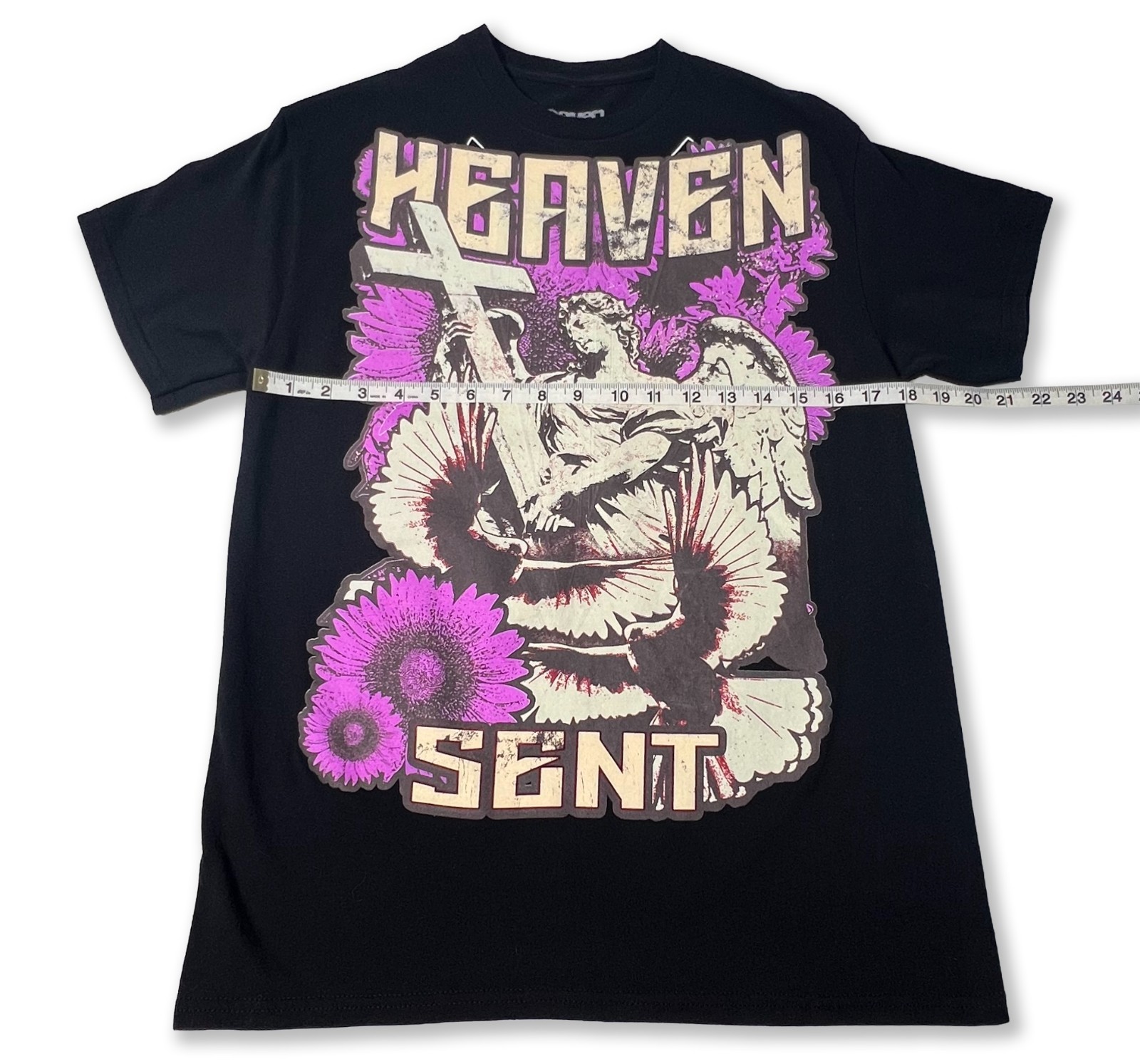 Heaven Sent Graphic T Shirt Small Black Angel Cross Floral Tee Gothic