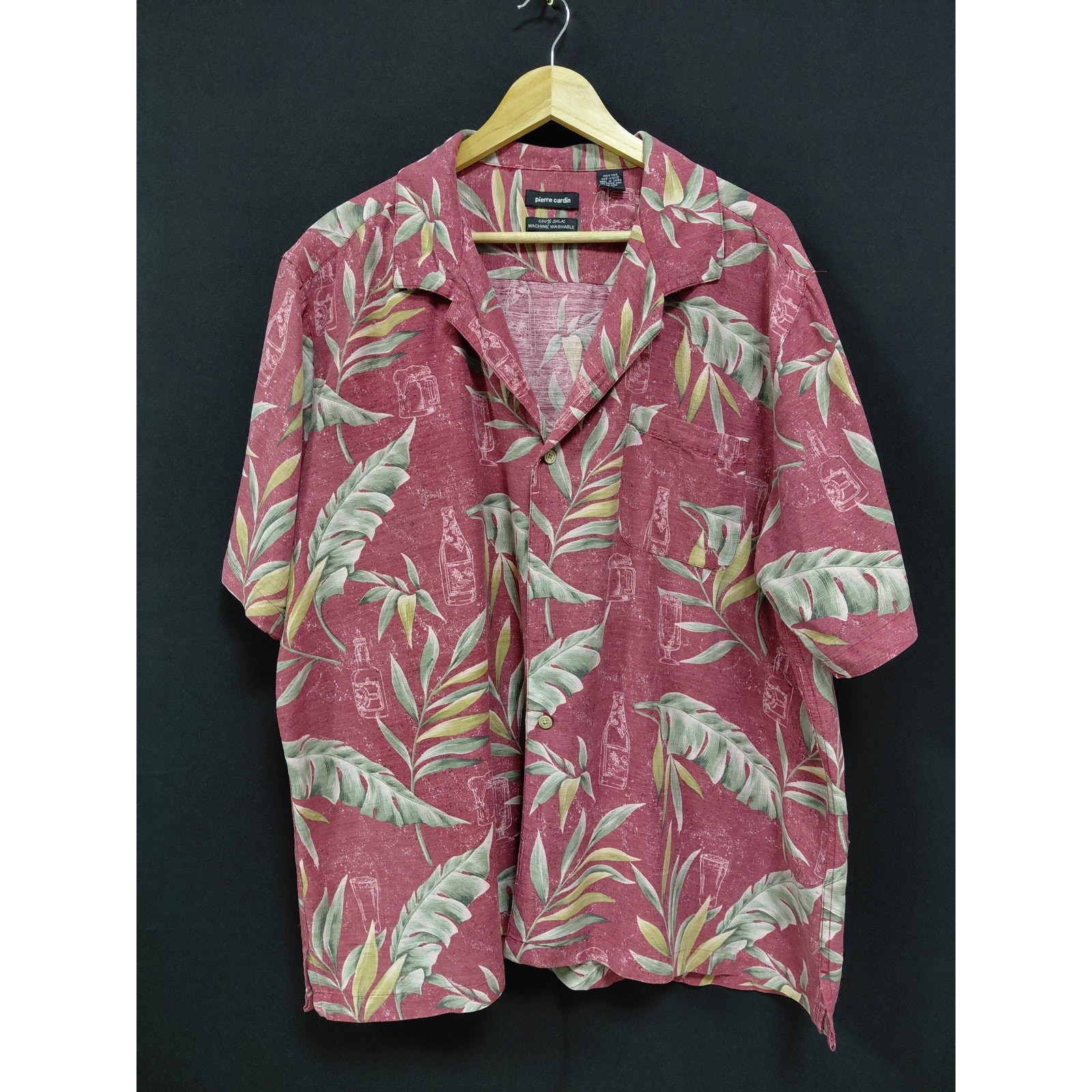 Pierre Cardin 100% Silk Hawaiian Shirt Red Leaf Print Men’s Size XXL