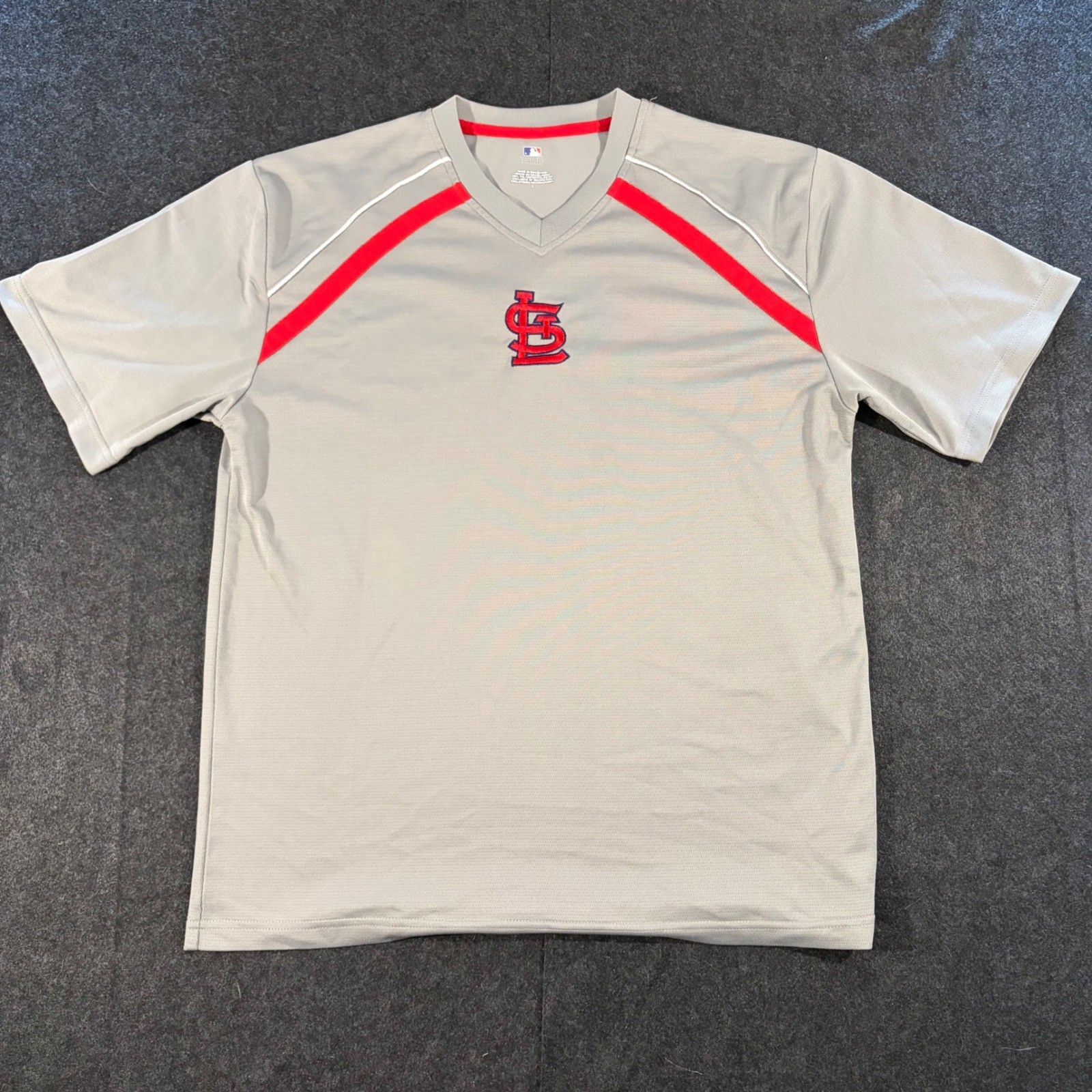 MLB St Louis Cardinals Jersey Mens Large Gray Red V-Neck Performance Shirt Fan