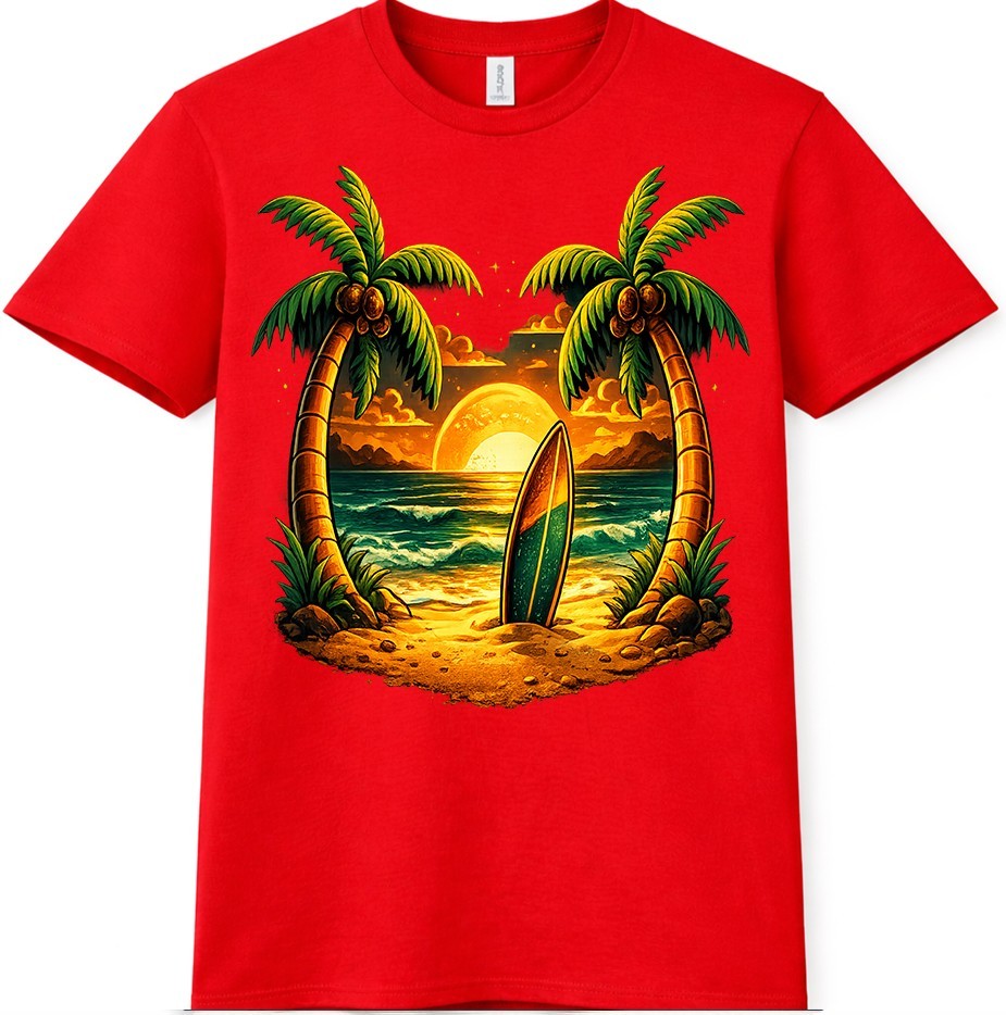 Tropical Beach T-Shirt Sunset Surfboard Graphic Palm Trees Ocean Summer tee