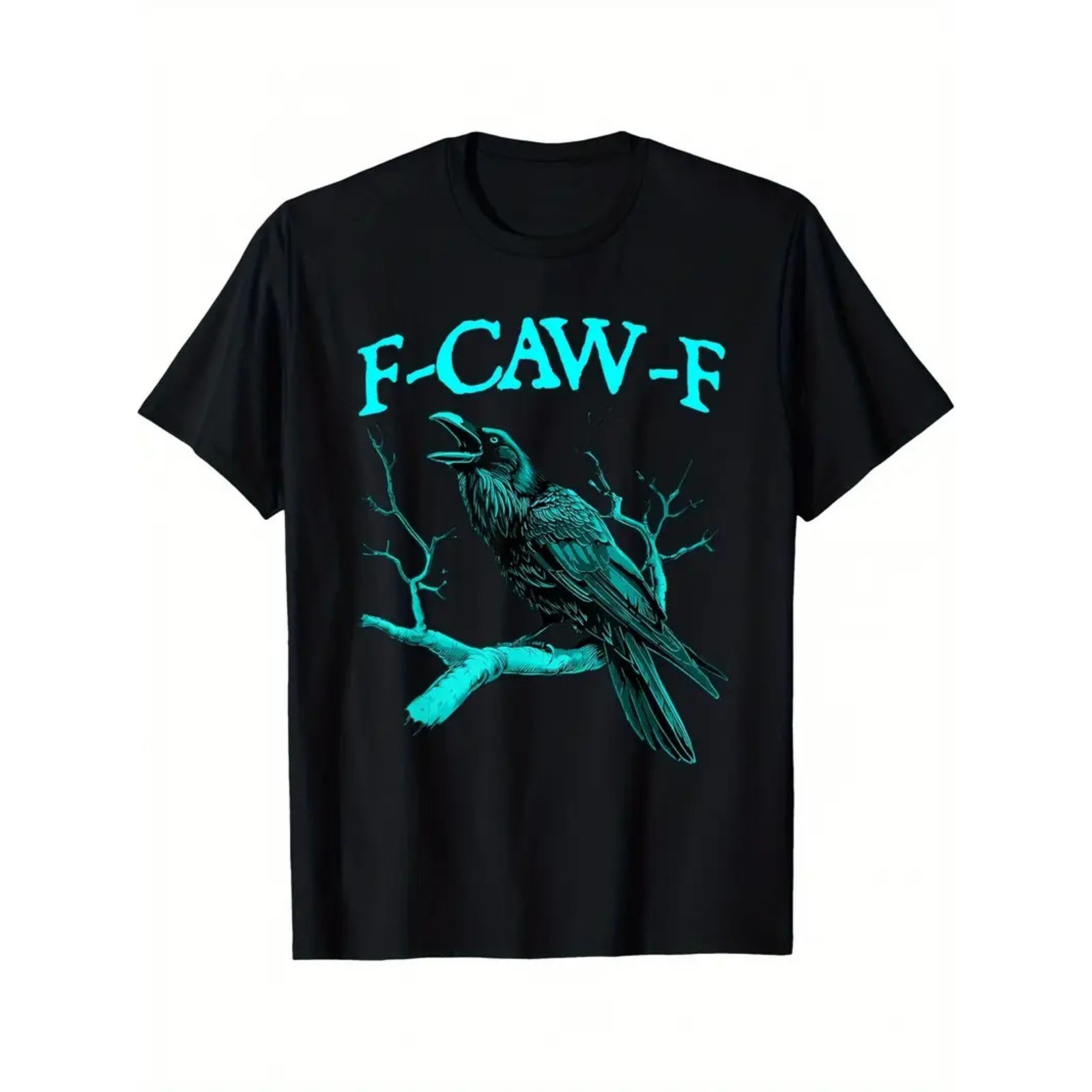 Men’S Funny F-CAW-F Crow Graphic T-Shirt – Black with Teal Print, Regular Fit Sh