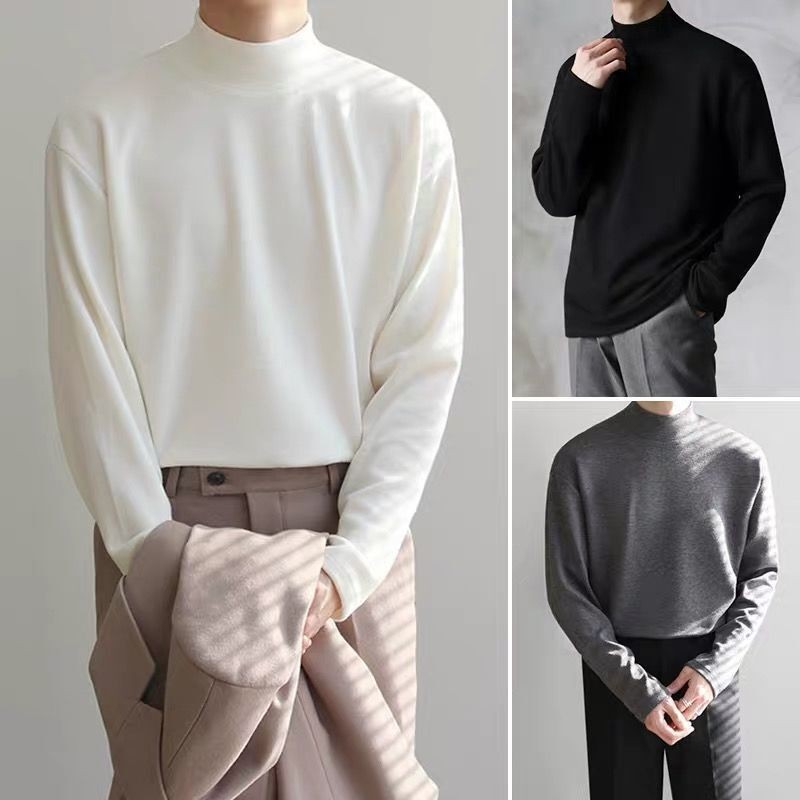 Men Long Sleeved Tee Thin T-Shirt Half Turtleneck Loose Crewneck Top